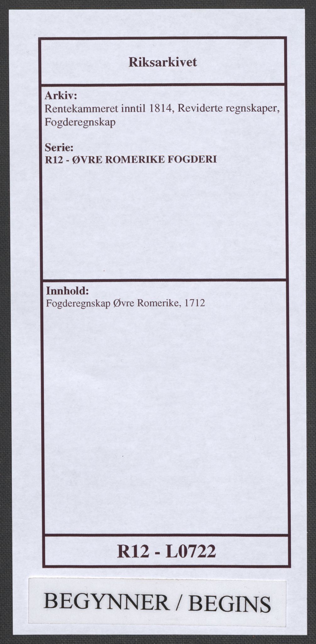 Rentekammeret inntil 1814, Reviderte regnskaper, Fogderegnskap, AV/RA-EA-4092/R12/L0722: Fogderegnskap Øvre Romerike, 1712, p. 1