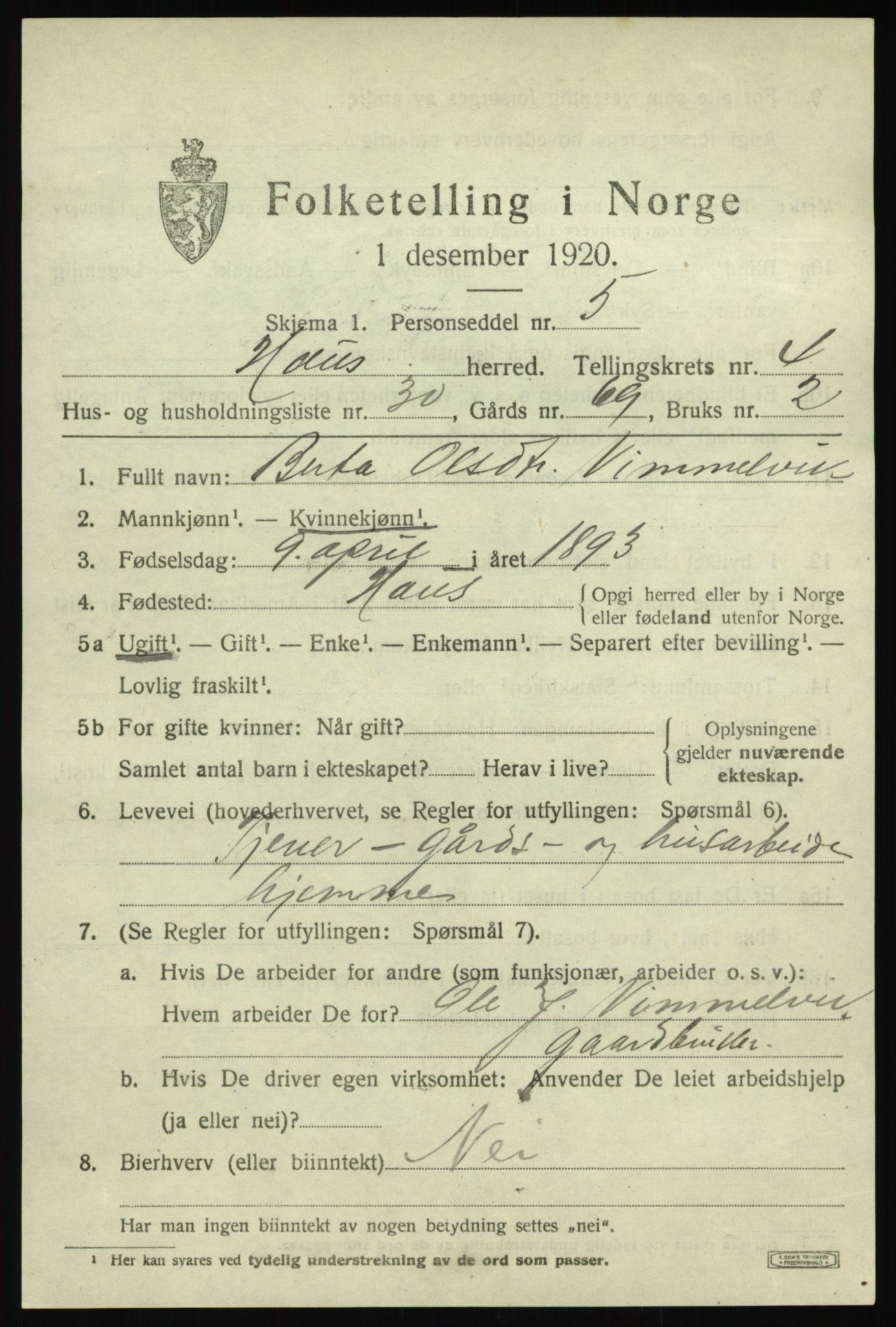 SAB, 1920 census for Haus, 1920, p. 3269