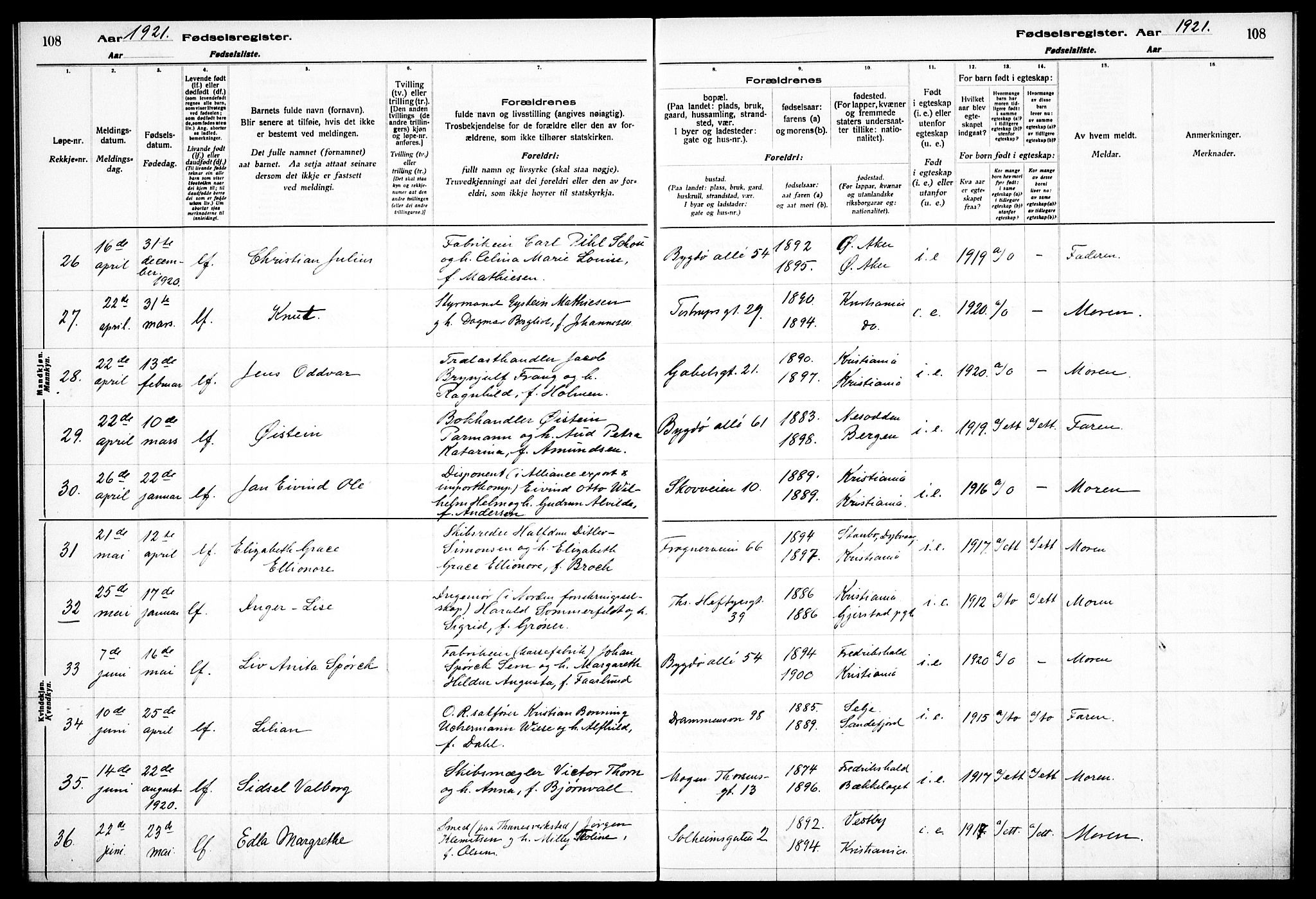 Frogner prestekontor Kirkebøker, AV/SAO-A-10886/J/Ja/L0001: Birth register no. 1, 1916-1927, p. 108