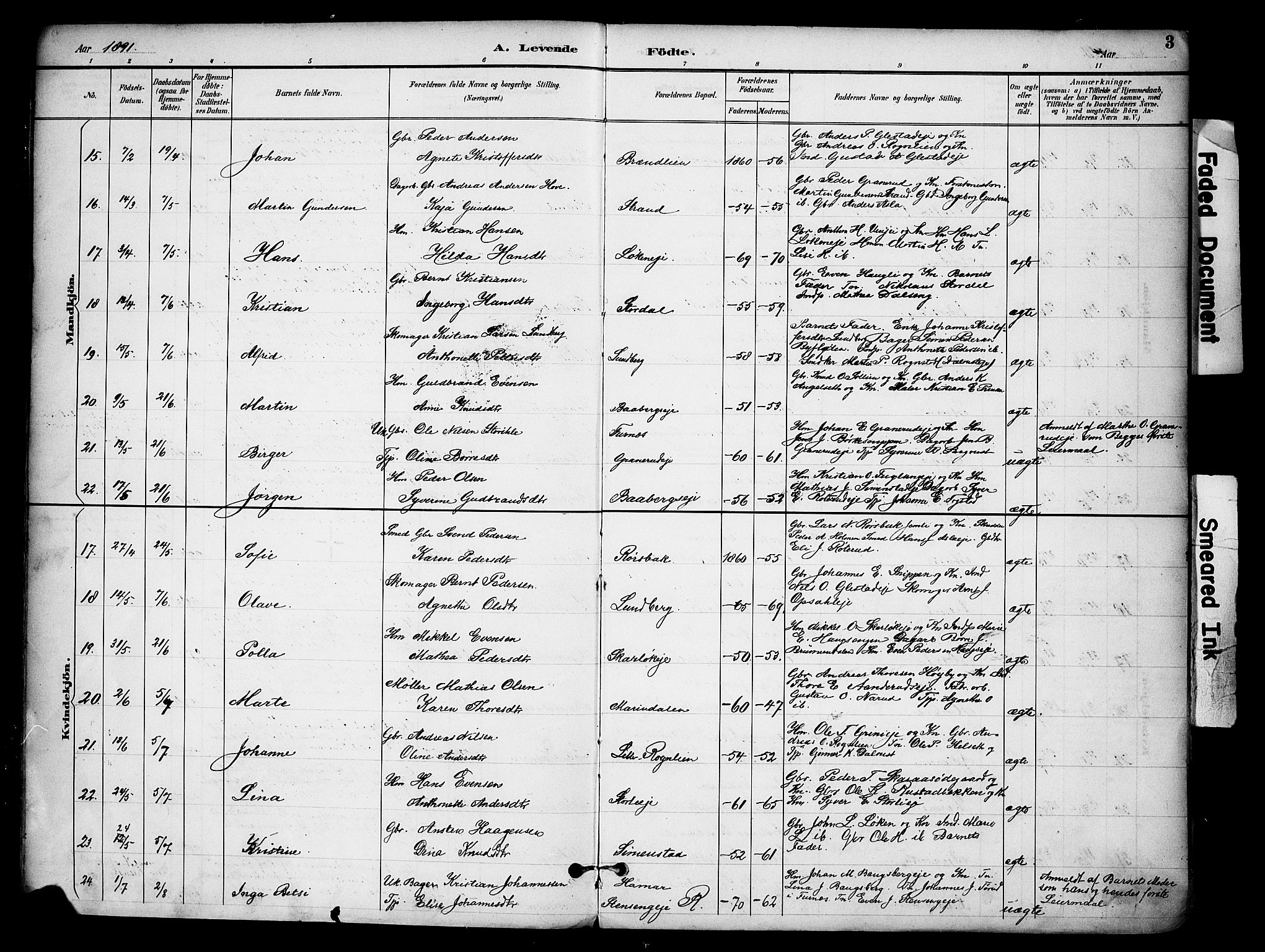 Ringsaker prestekontor, AV/SAH-PREST-014/K/Ka/L0016: Parish register (official) no. 16, 1891-1904, p. 3