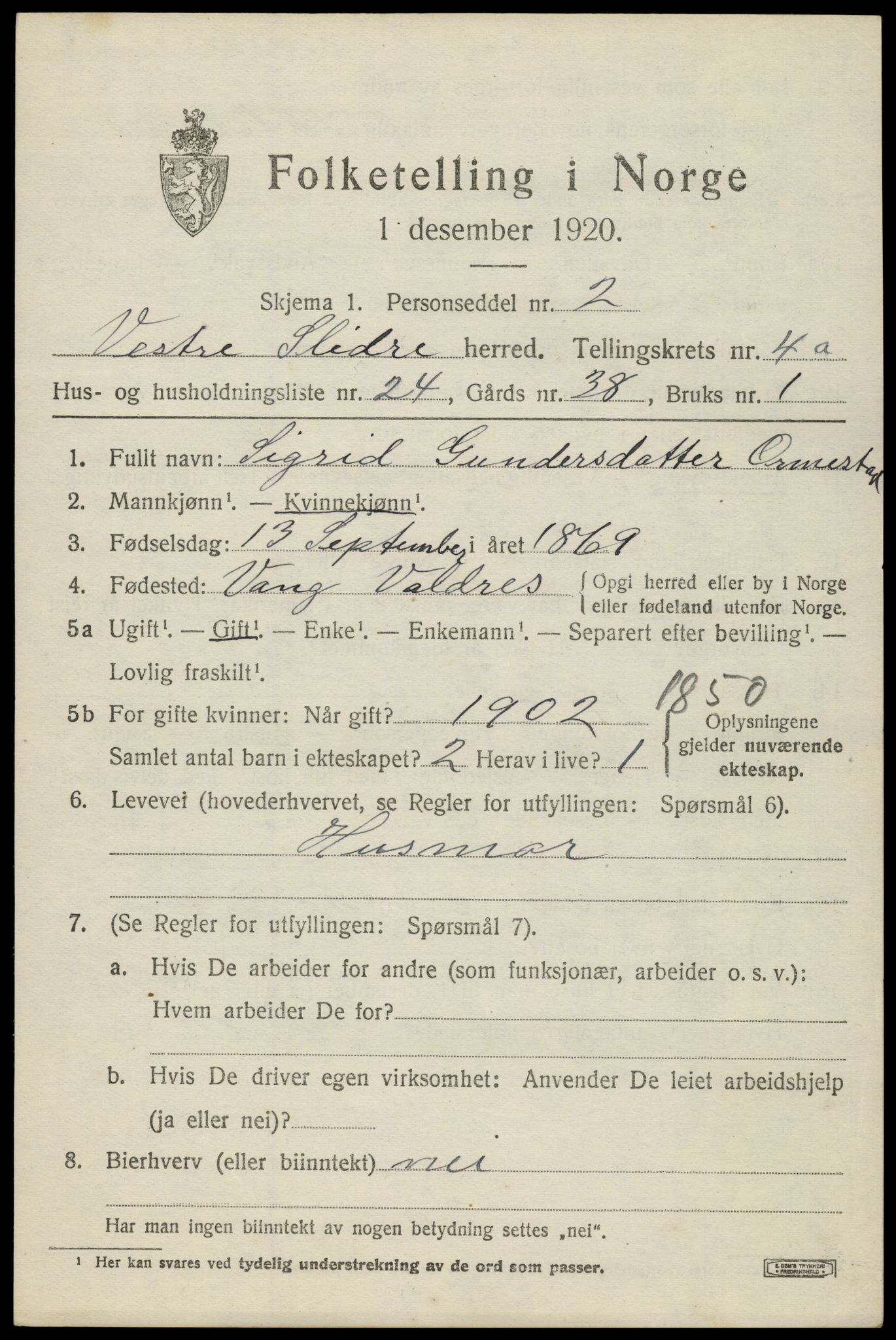 SAH, 1920 census for Vestre Slidre, 1920, p. 2274