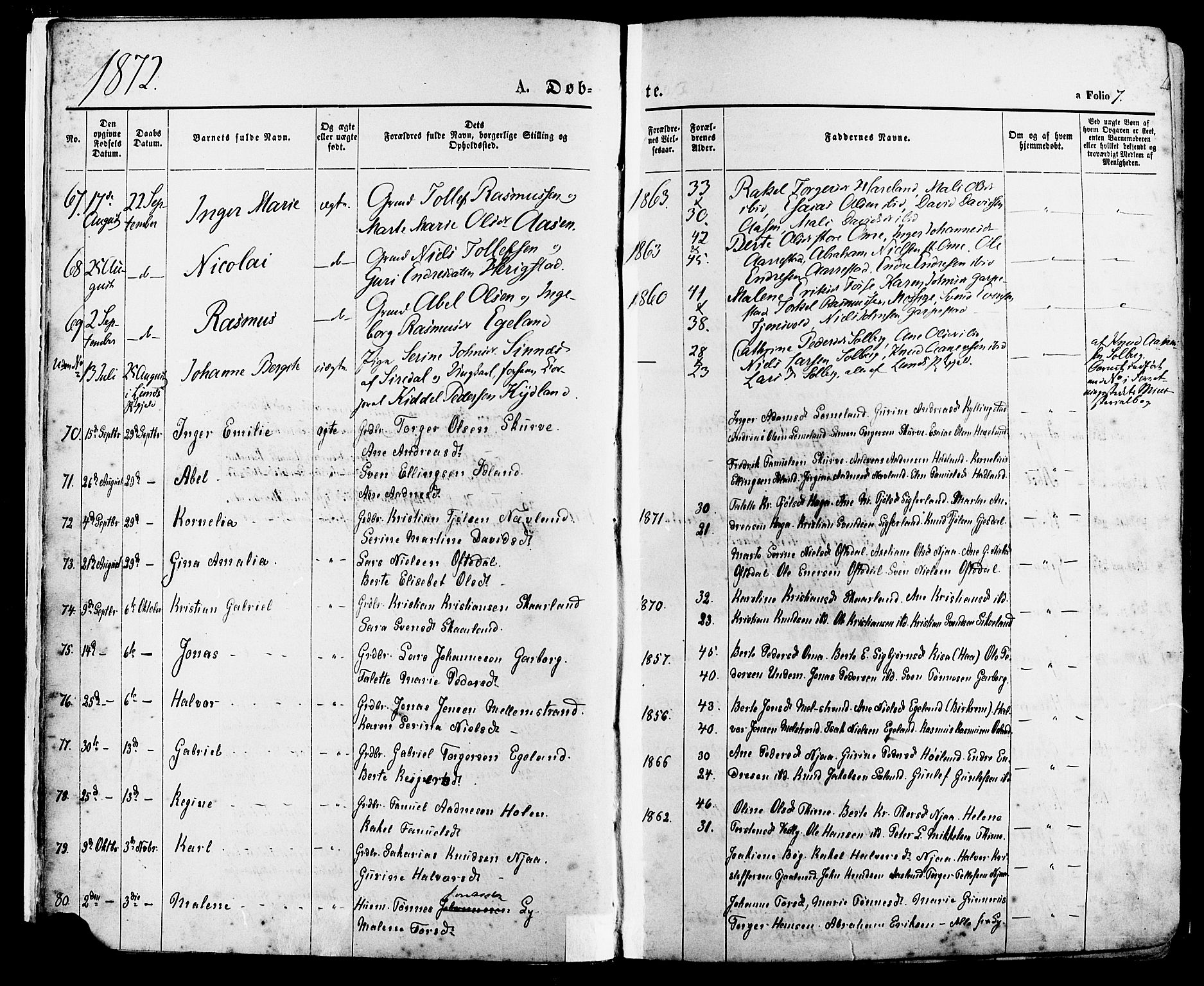 Lye sokneprestkontor, AV/SAST-A-101794/001/30BA/L0008: Parish register (official) no. A 7, 1872-1881, p. 7