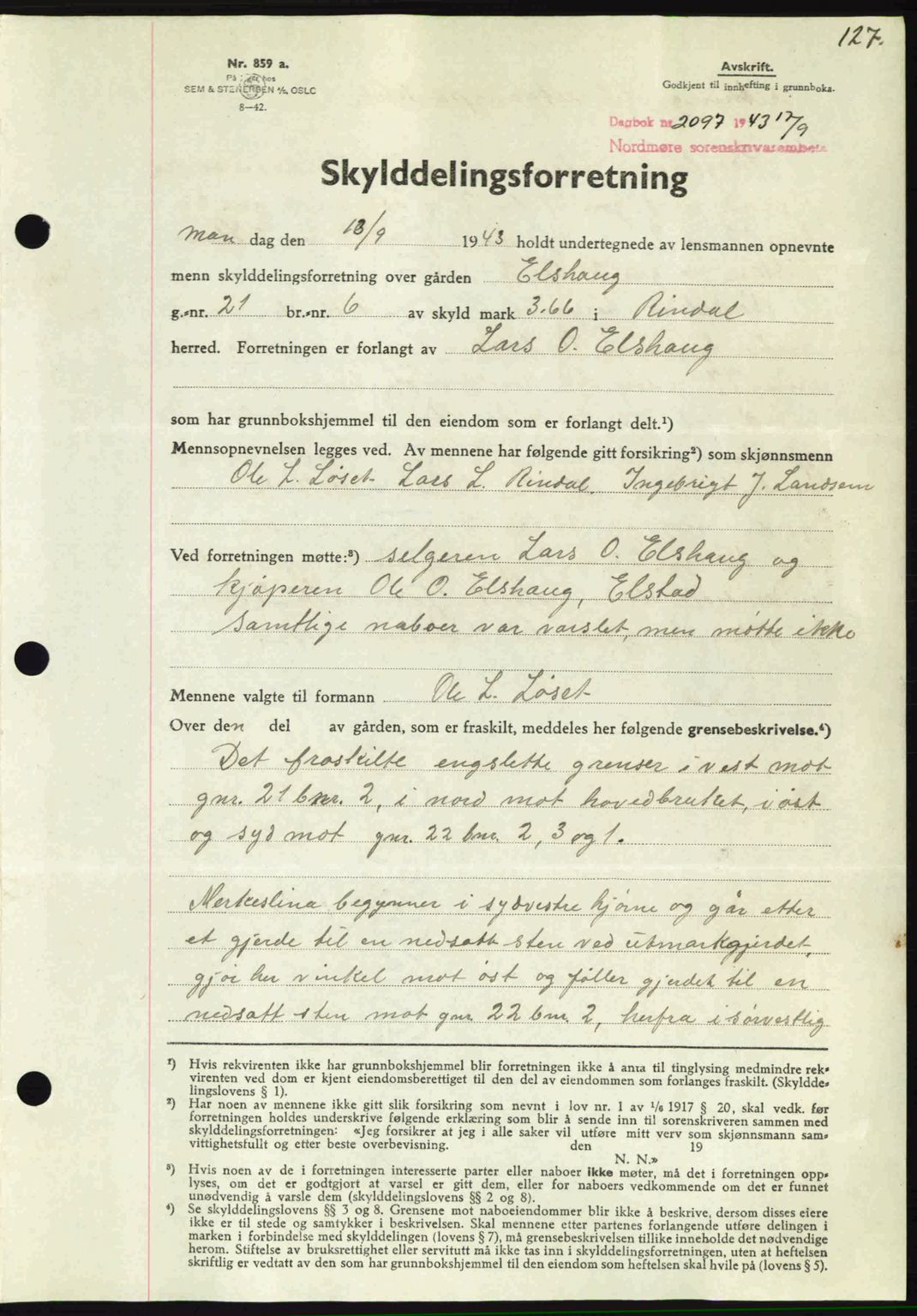 Nordmøre sorenskriveri, SAT/A-4132/1/2/2Ca: Mortgage book no. A96, 1943-1944, Diary no: : 2097/1943
