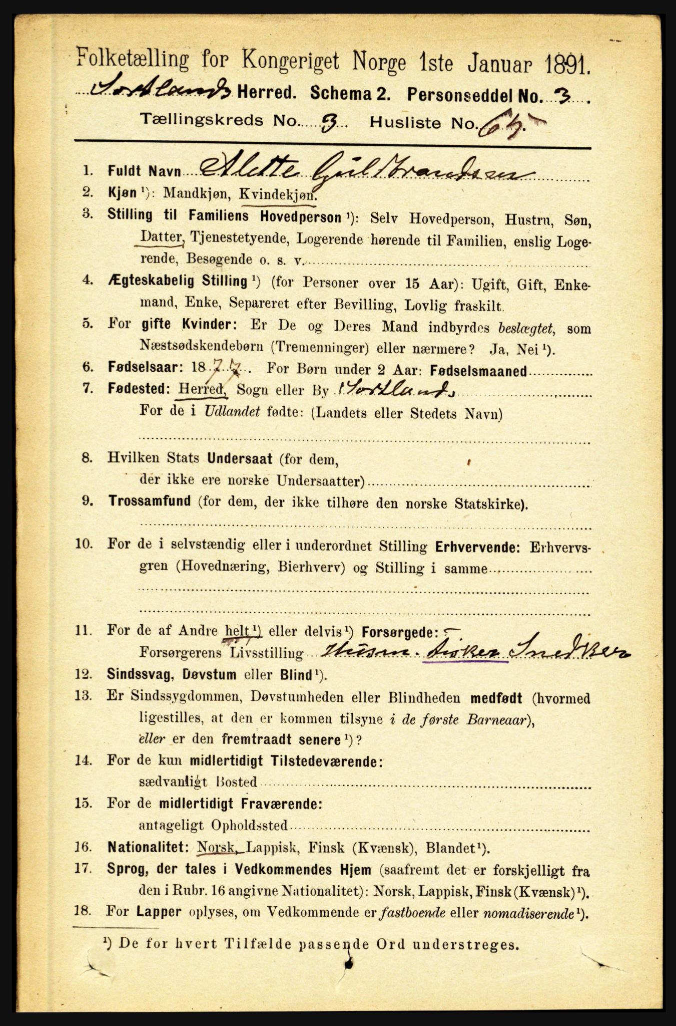 RA, 1891 census for 1870 Sortland, 1891, p. 2657