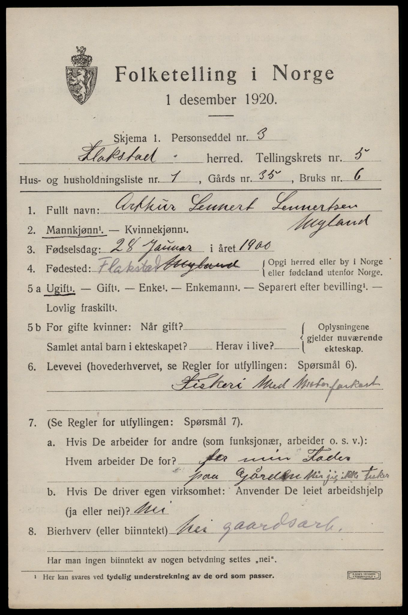 SAT, 1920 census for Flakstad, 1920, p. 3485