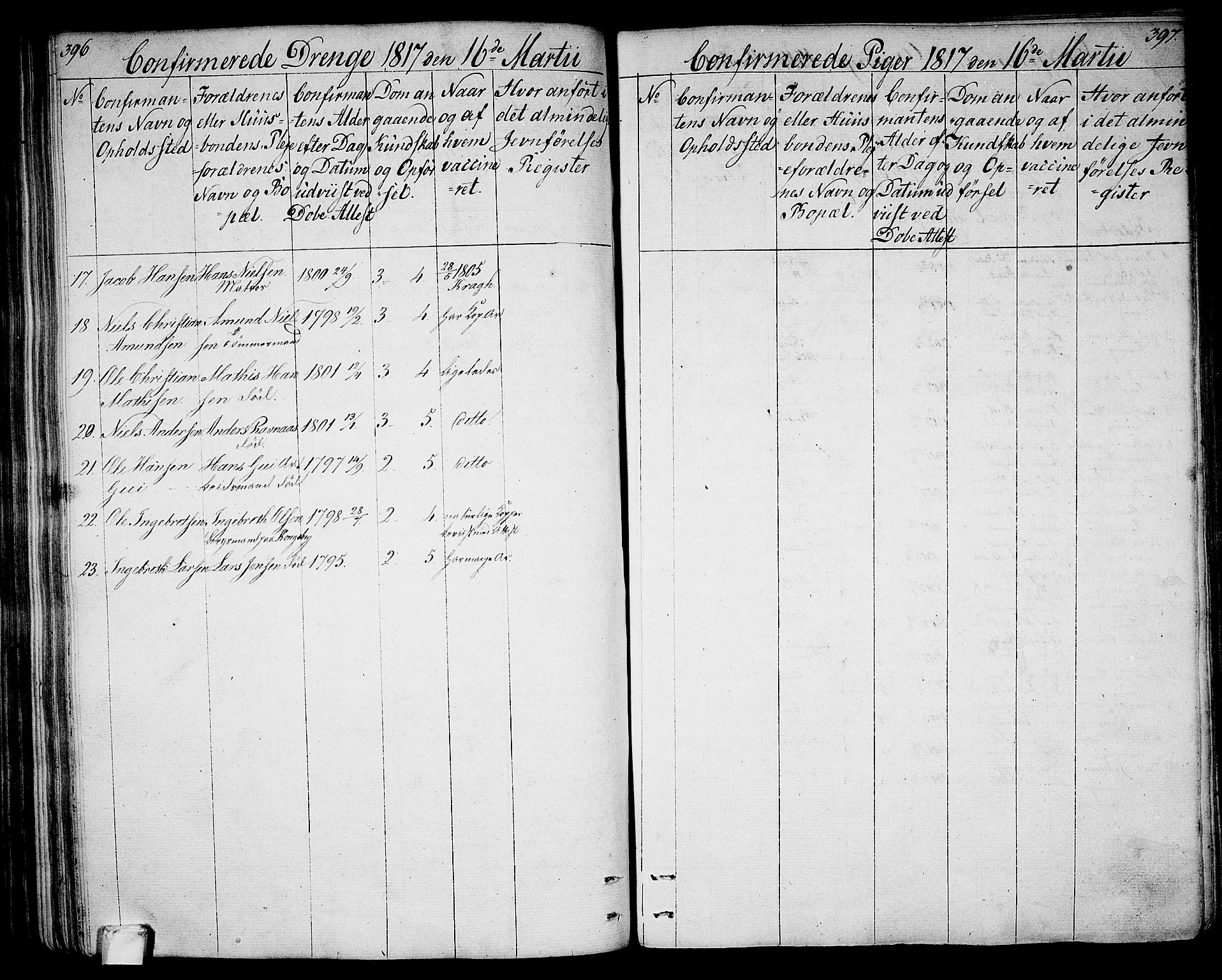 Larvik kirkebøker, AV/SAKO-A-352/G/Ga/L0002: Parish register (copy) no. I 2, 1807-1830, p. 396-397