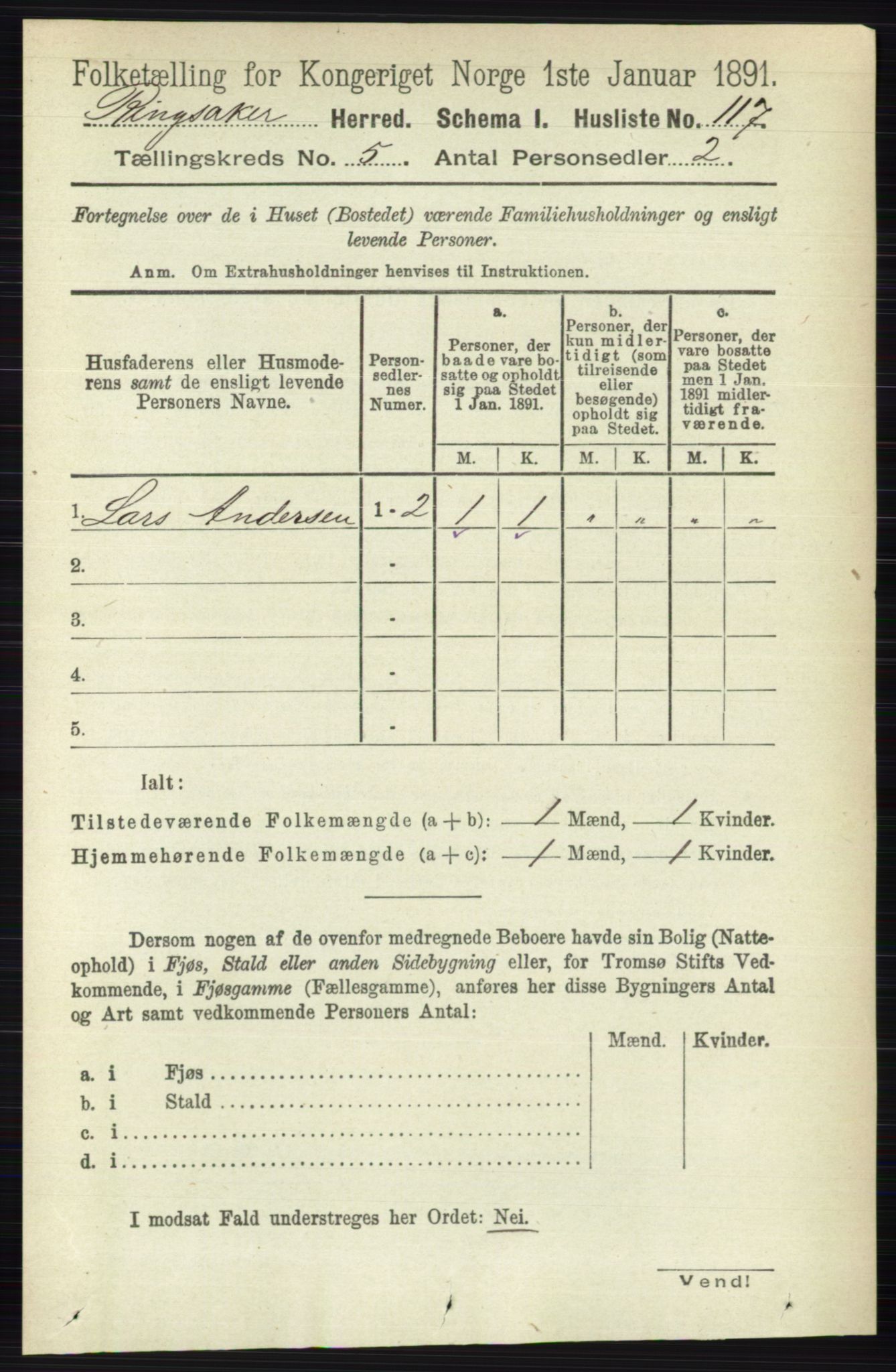 RA, 1891 census for 0412 Ringsaker, 1891, p. 2412