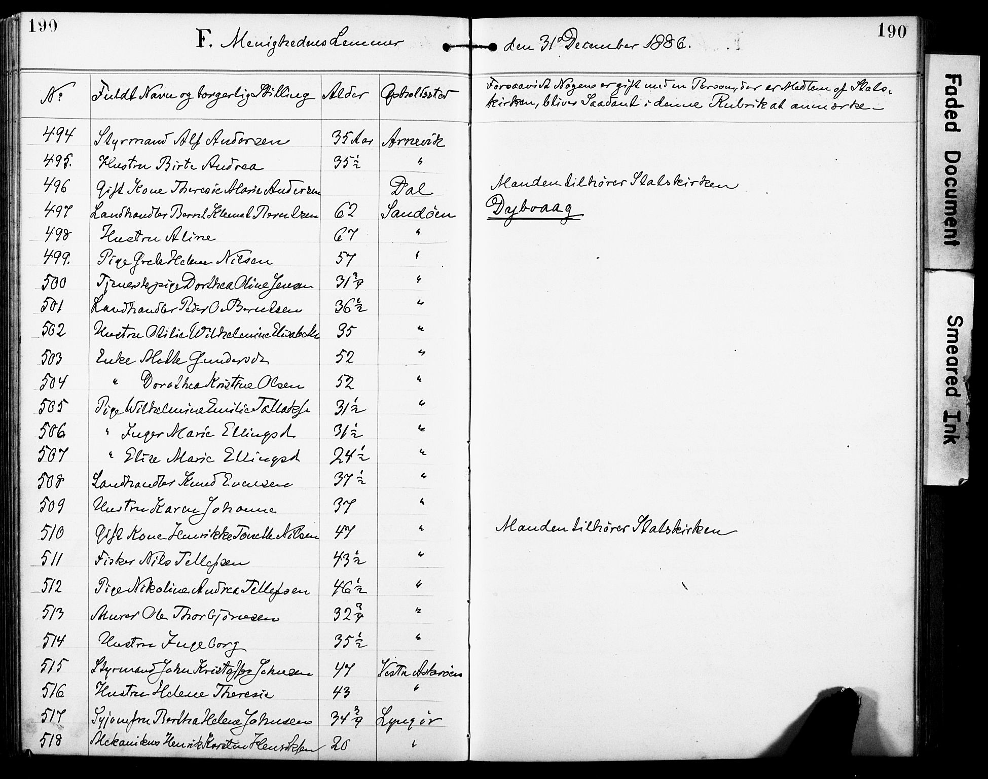Den evangelisk-lutherske frimenighet, Arendal, AV/SAK-1292-0005/F/Fa/L0002: Dissenter register no. F 6, 1884-1908, p. 190