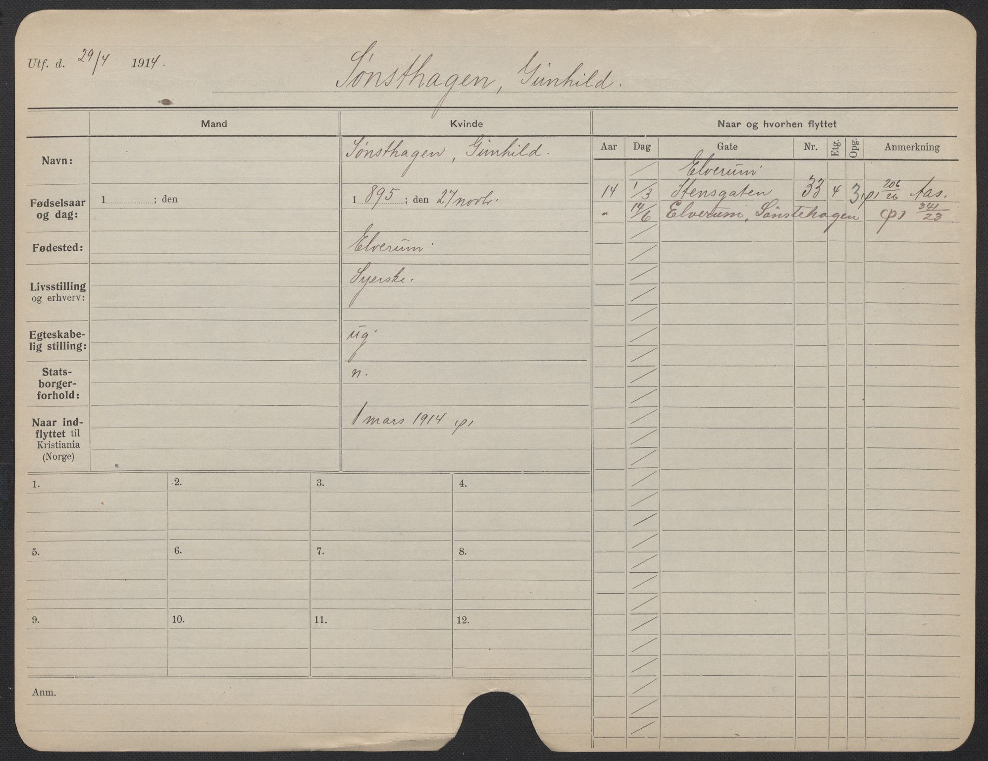 Oslo folkeregister, Registerkort, AV/SAO-A-11715/F/Fa/Fac/L0024: Kvinner, 1906-1914, p. 850a