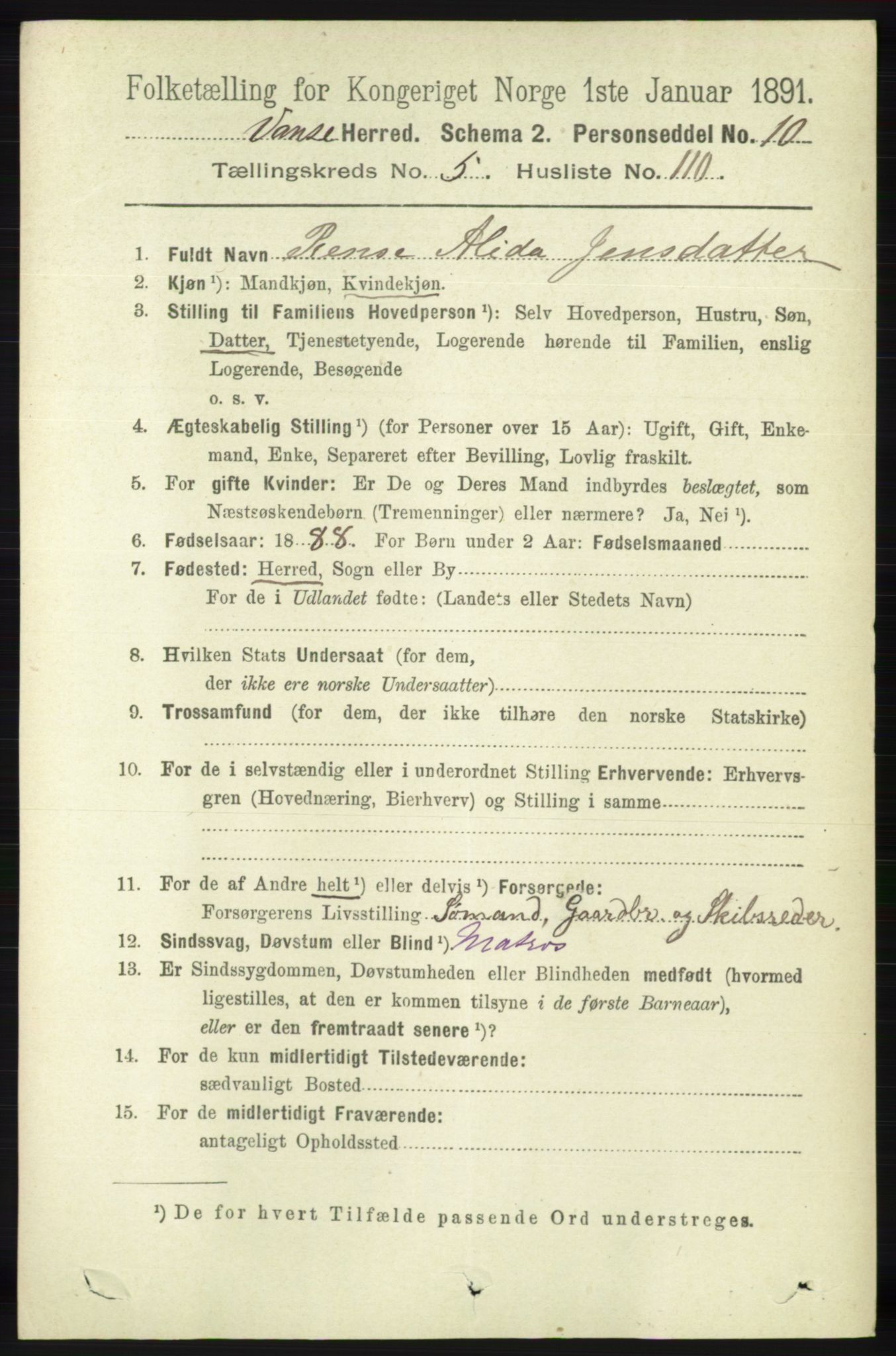 RA, 1891 census for 1041 Vanse, 1891, p. 3394