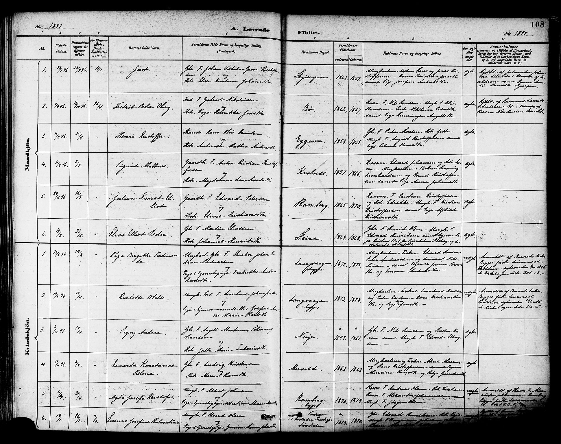 Ministerialprotokoller, klokkerbøker og fødselsregistre - Nordland, SAT/A-1459/880/L1133: Parish register (official) no. 880A07, 1888-1898, p. 108