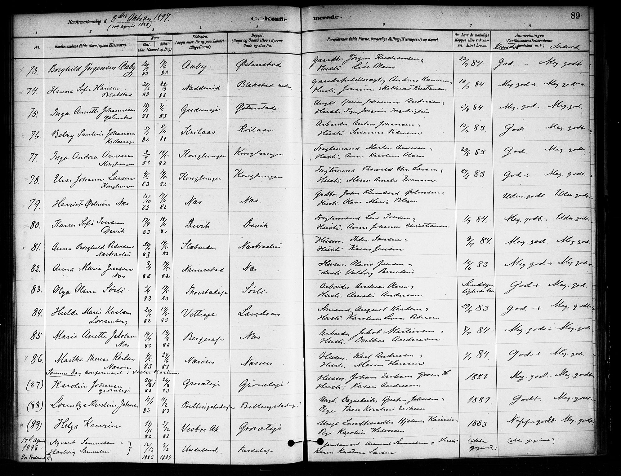 Asker prestekontor Kirkebøker, SAO/A-10256a/F/Fa/L0014: Parish register (official) no. I 14, 1879-1900, p. 89