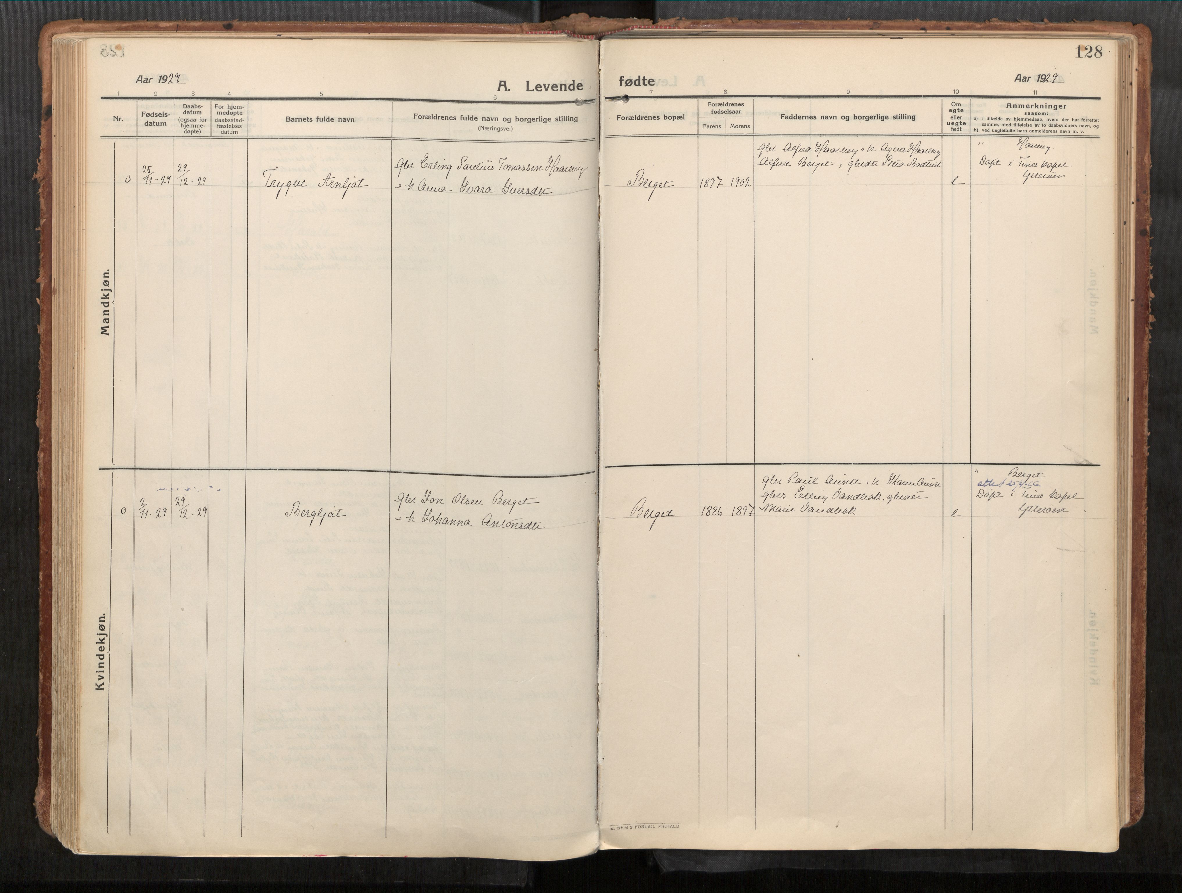 Stadsbygd sokneprestkontor, SAT/A-1117/1/I/I1/I1a/L0001: Parish register (official) no. 1, 1911-1929, p. 128