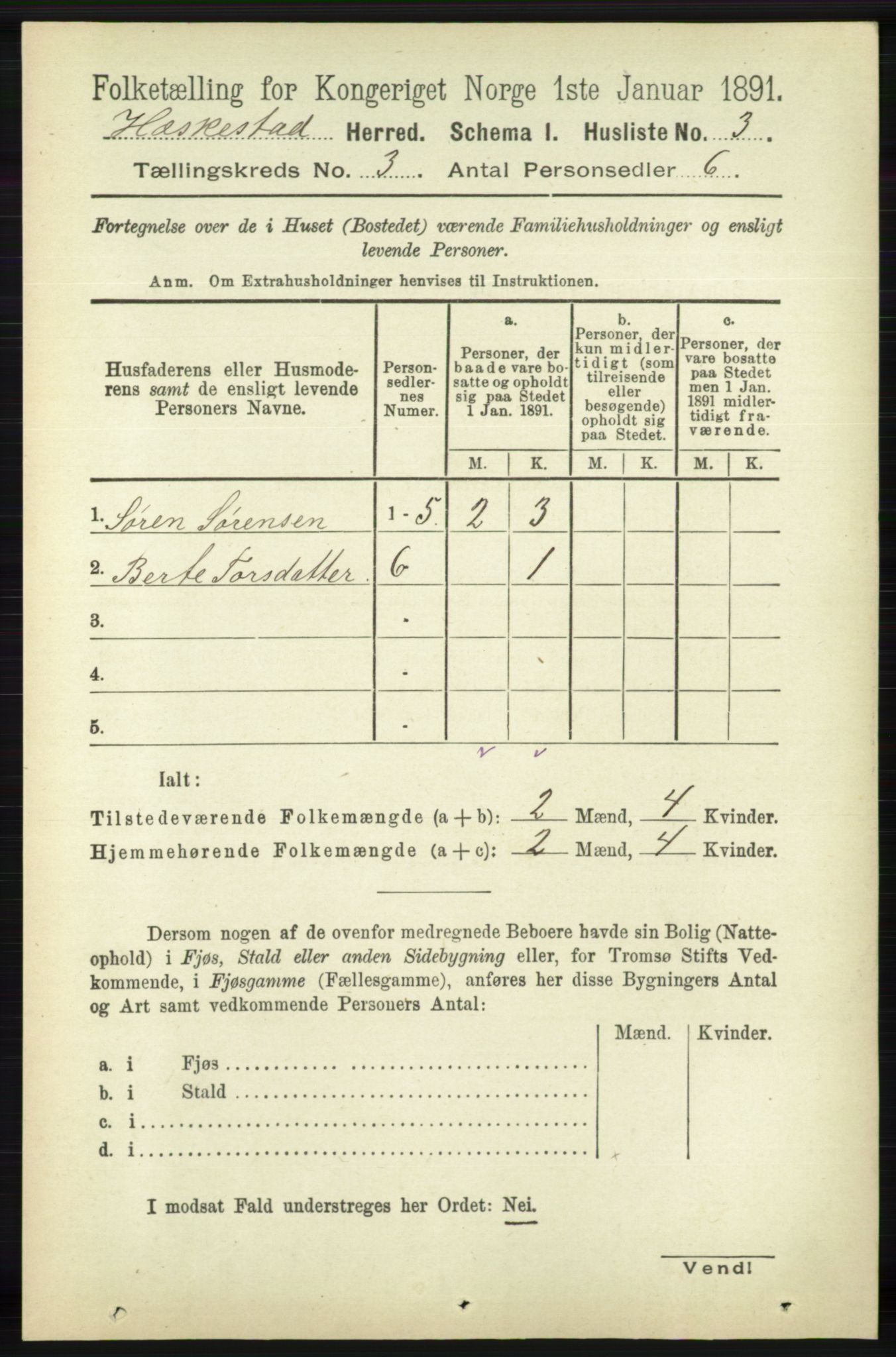 RA, 1891 census for 1113 Heskestad, 1891, p. 394