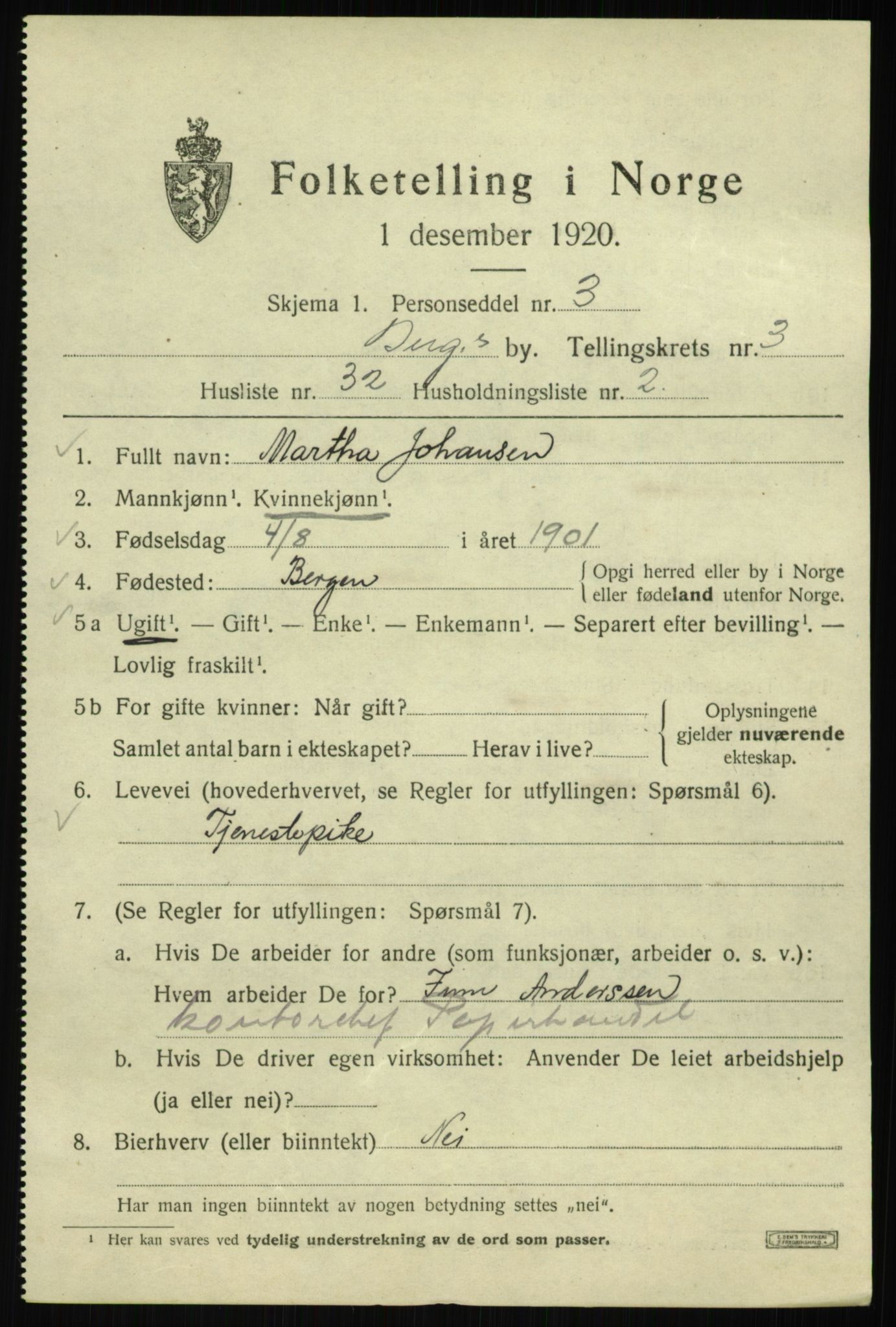 SAB, 1920 census for Bergen, 1920, p. 62599
