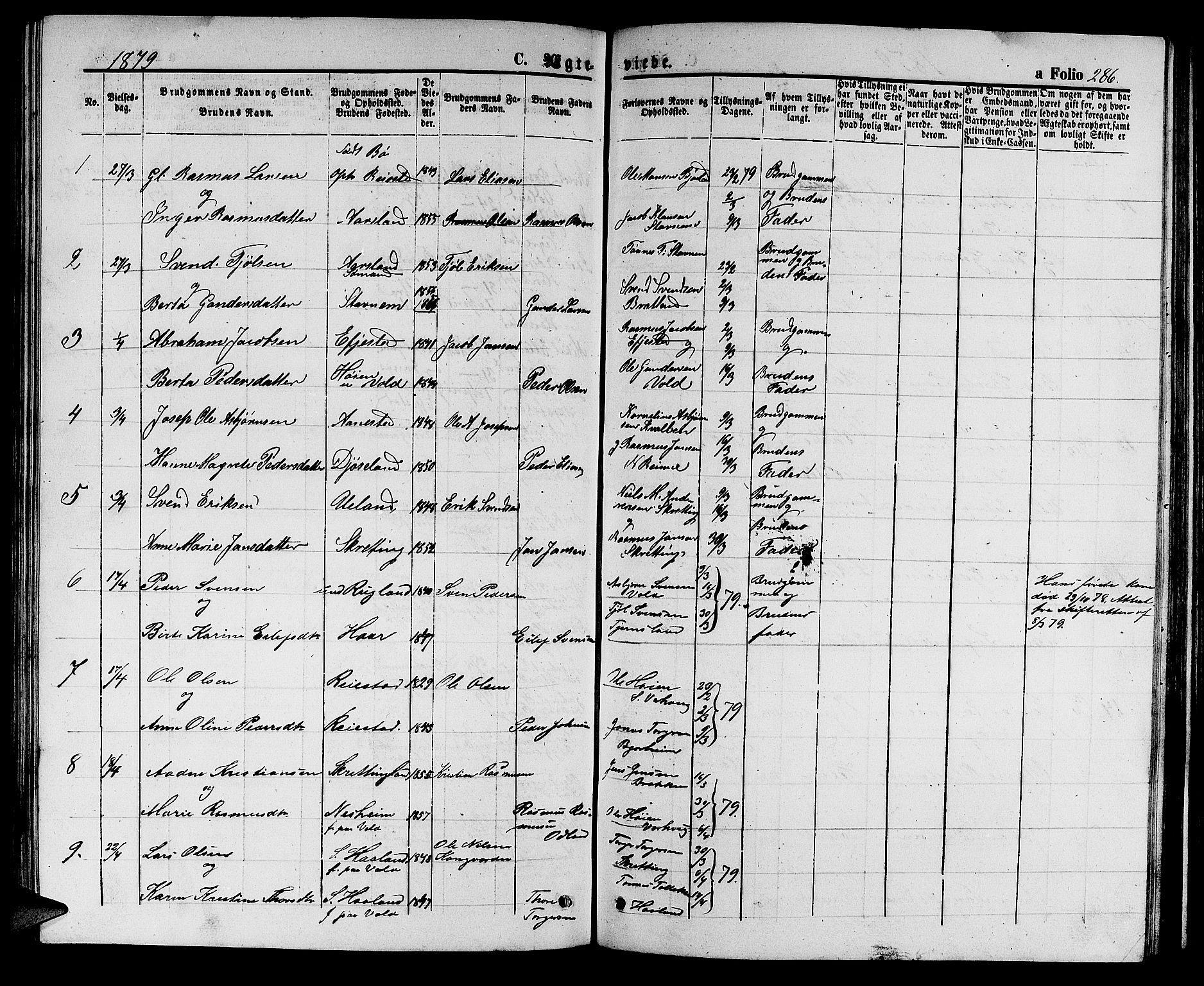 Hå sokneprestkontor, AV/SAST-A-101801/001/30BB/L0002: Parish register (copy) no. B 2, 1854-1883, p. 286