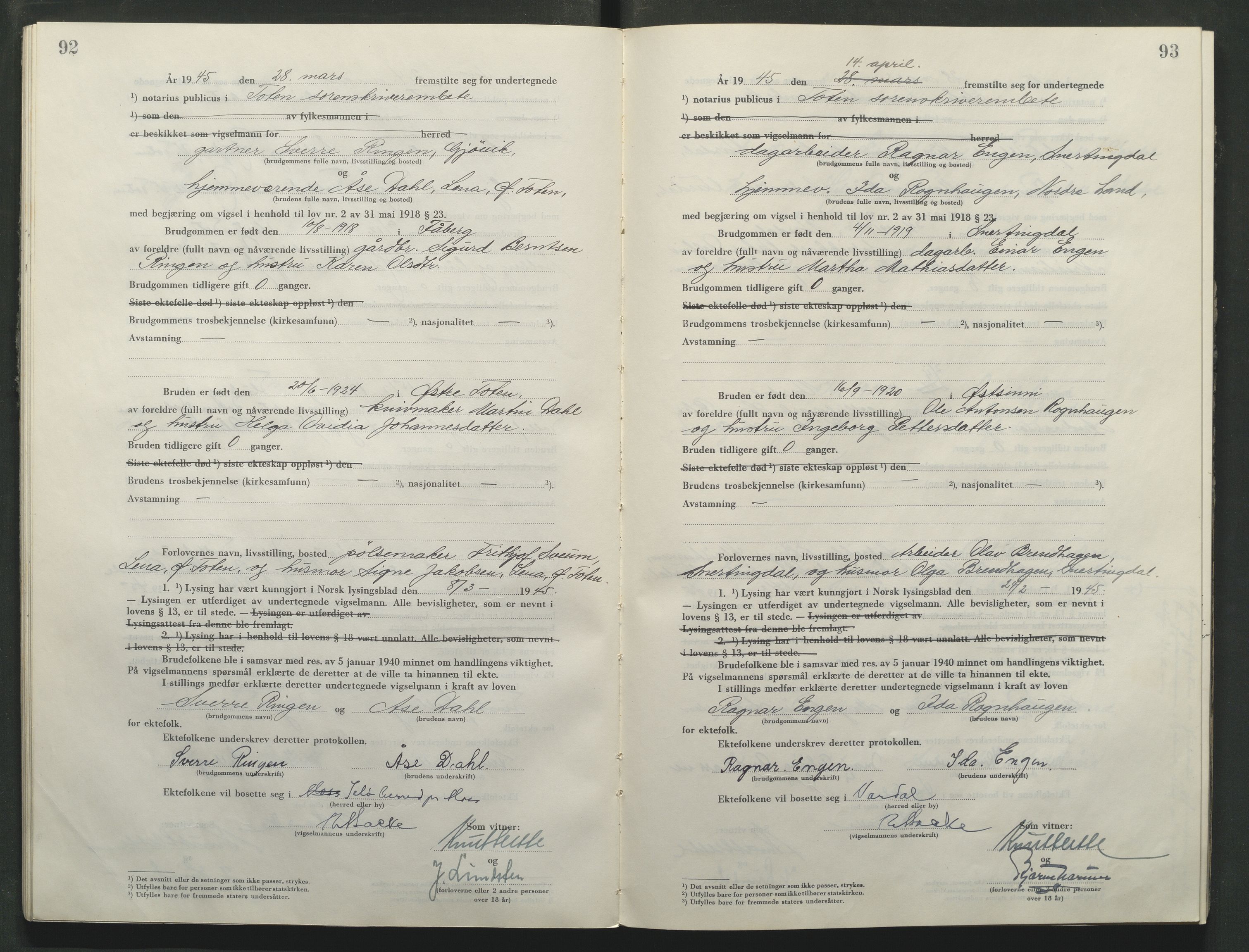 Toten tingrett, AV/SAH-TING-006/L/Lc/L0005: Vigselbok, 1944-1948, p. 92-93