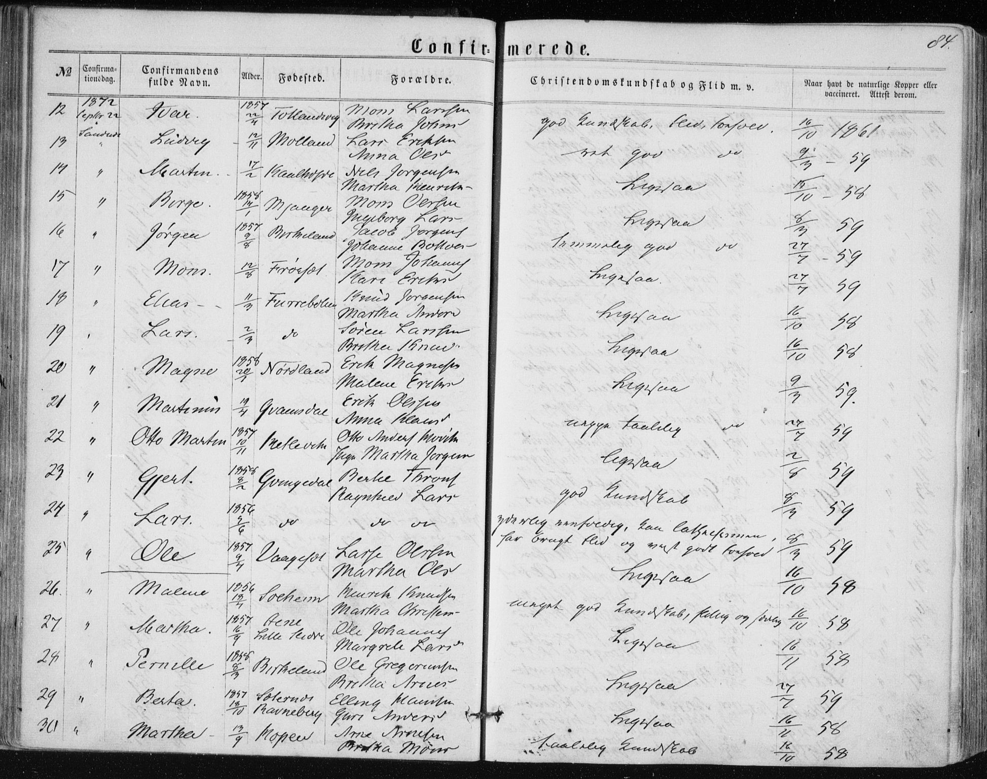 Lindås Sokneprestembete, SAB/A-76701/H/Haa: Parish register (official) no. A 16, 1863-1875, p. 84