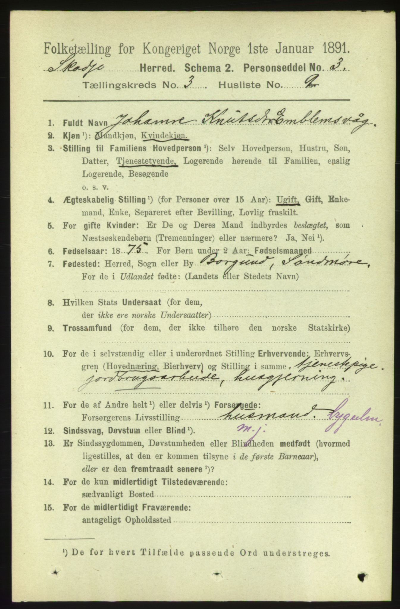 RA, 1891 census for 1529 Skodje, 1891, p. 462