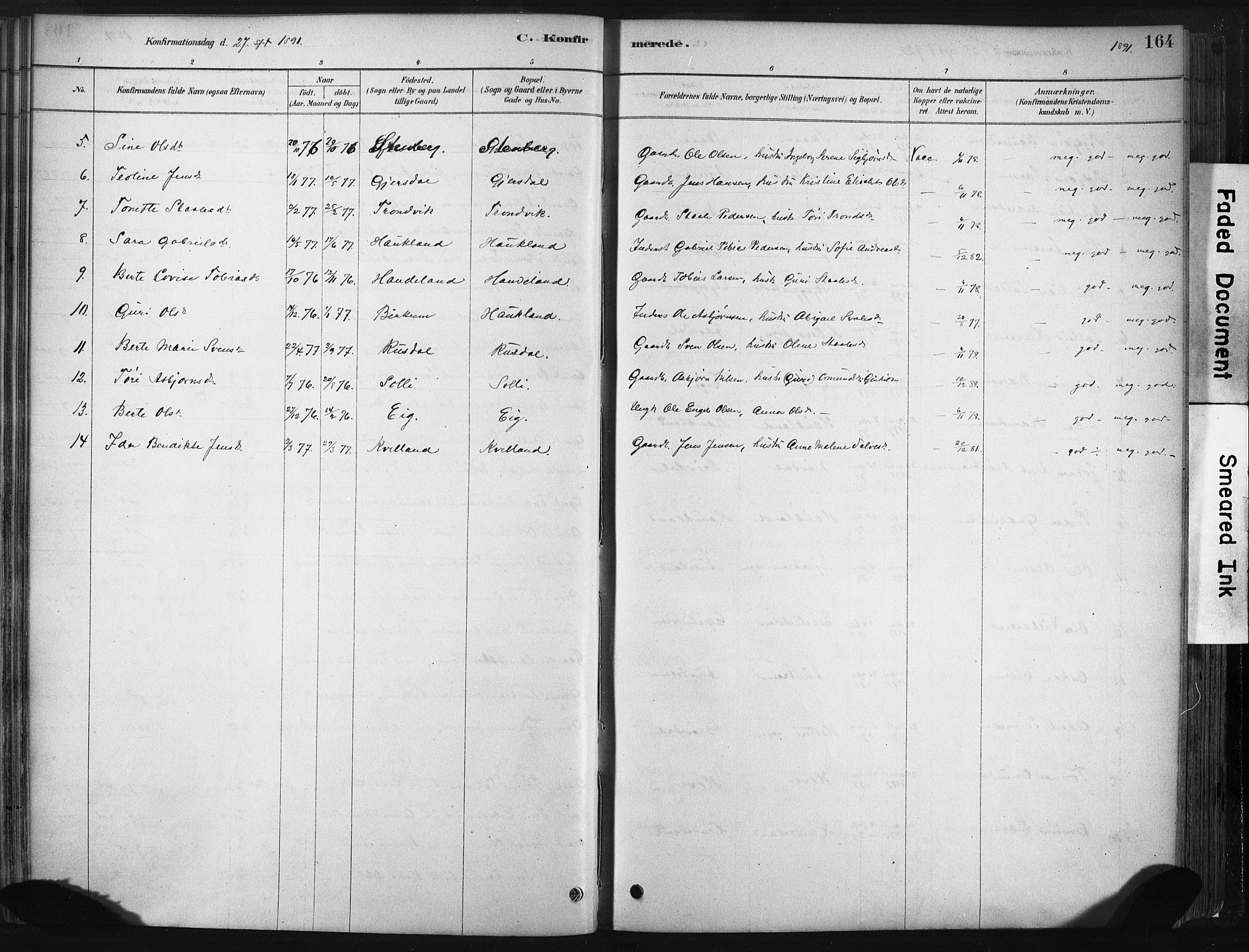 Lund sokneprestkontor, AV/SAST-A-101809/S06/L0011: Parish register (official) no. A 10, 1877-1904, p. 164