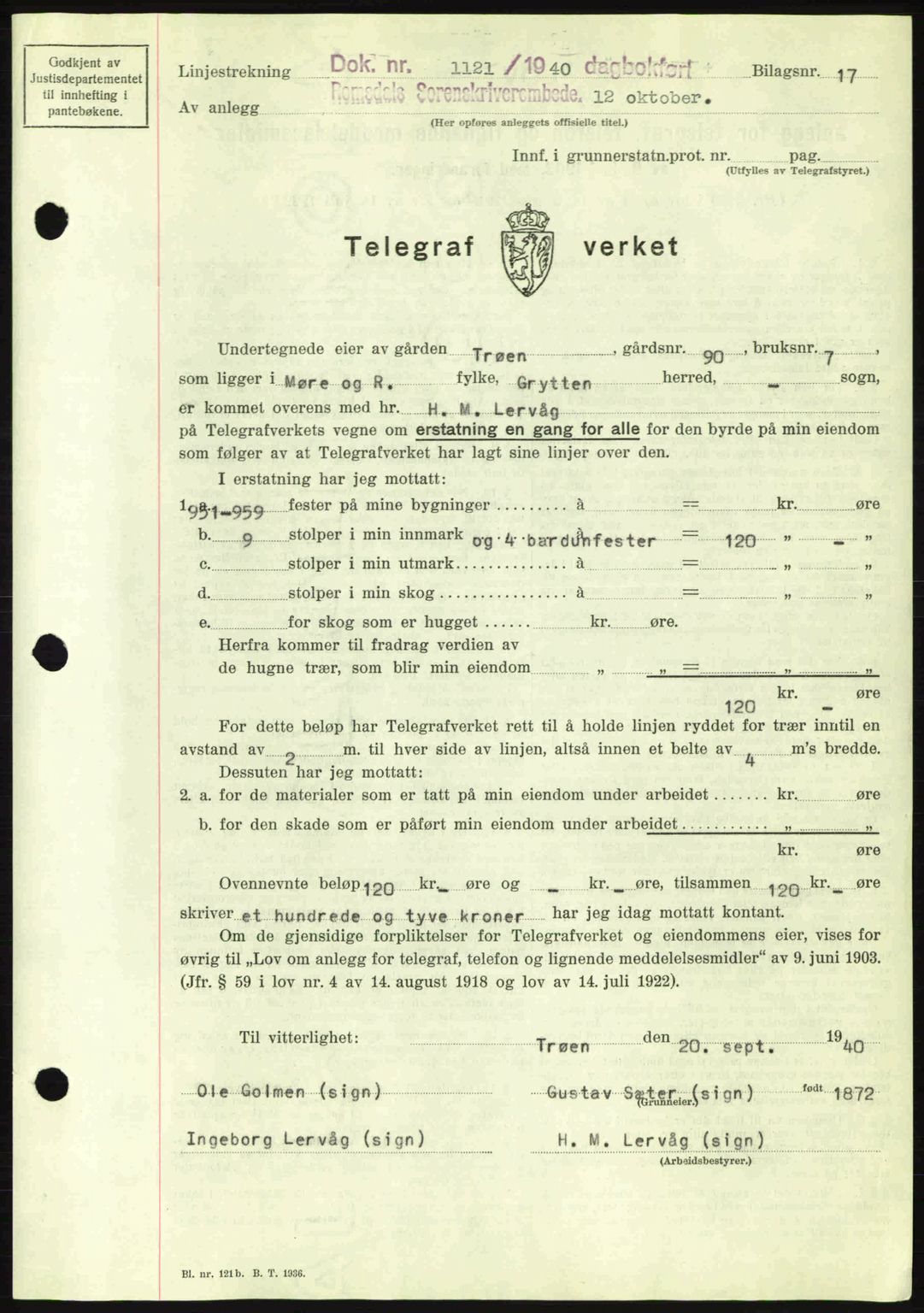 Romsdal sorenskriveri, AV/SAT-A-4149/1/2/2C: Mortgage book no. A8, 1939-1940, Diary no: : 1121/1940