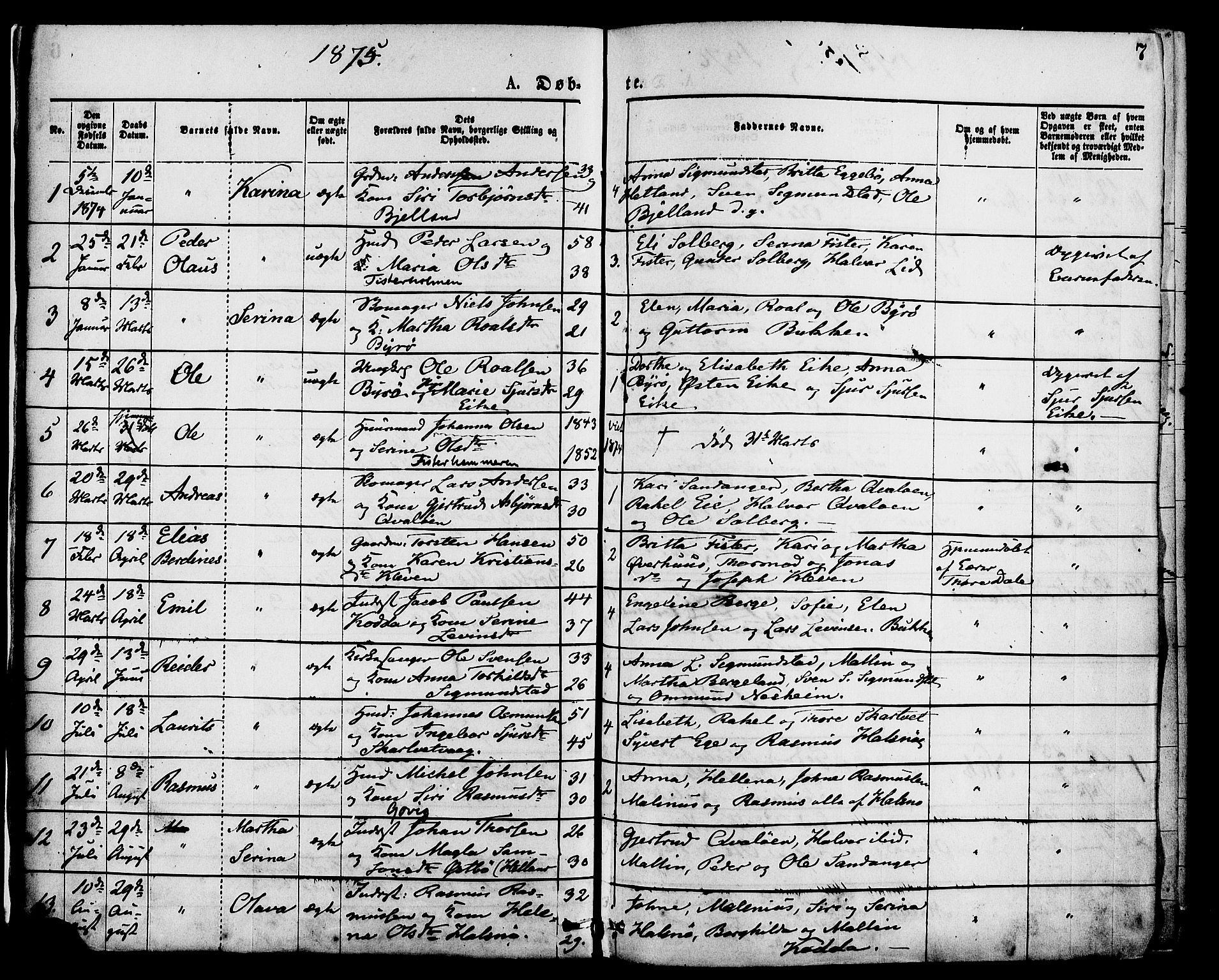 Hjelmeland sokneprestkontor, SAST/A-101843/01/IV/L0013: Parish register (official) no. A 13, 1872-1886, p. 7