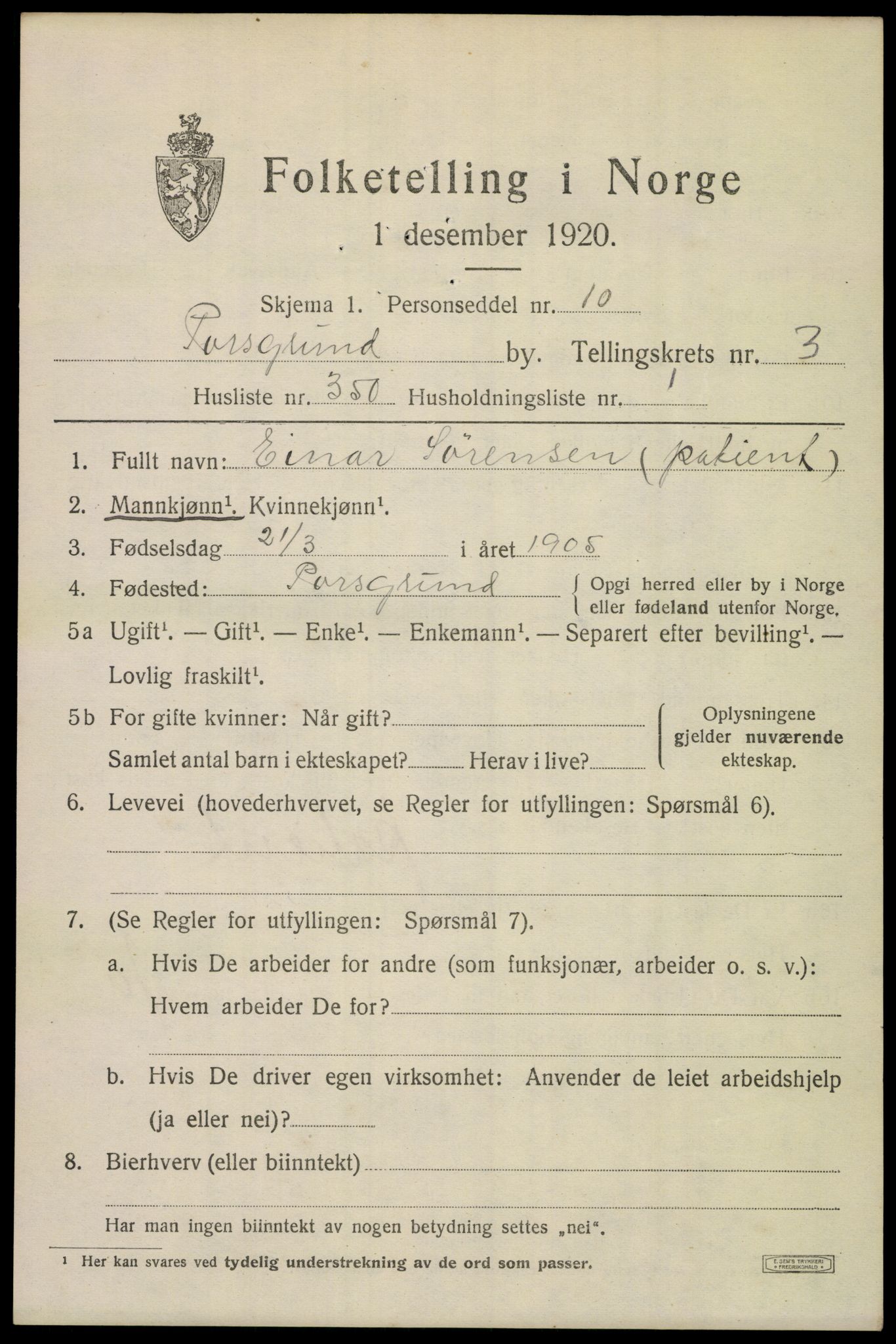 SAKO, 1920 census for Porsgrunn, 1920, p. 18887