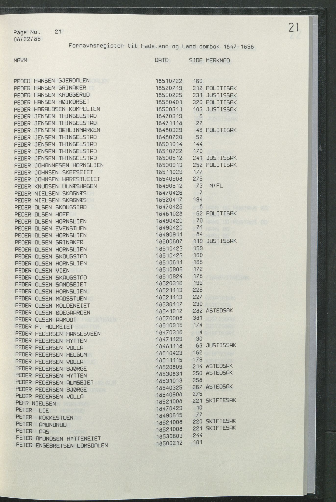 Statsarkivet i Hamar, AV/SAH-SAH-001/H/Hb/L0001/0004: Egne registre og hjelpemidler / Register  til Hadeland og Land sorenskriveri dombok 1 (1847 - 1858), 1847-1858, p. 21