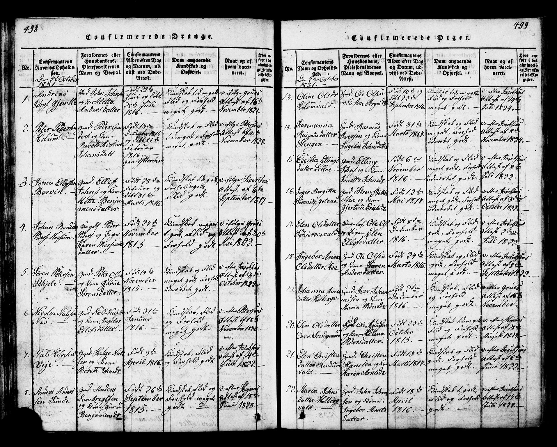 Ministerialprotokoller, klokkerbøker og fødselsregistre - Nord-Trøndelag, SAT/A-1458/717/L0169: Parish register (copy) no. 717C01, 1816-1834, p. 498-499