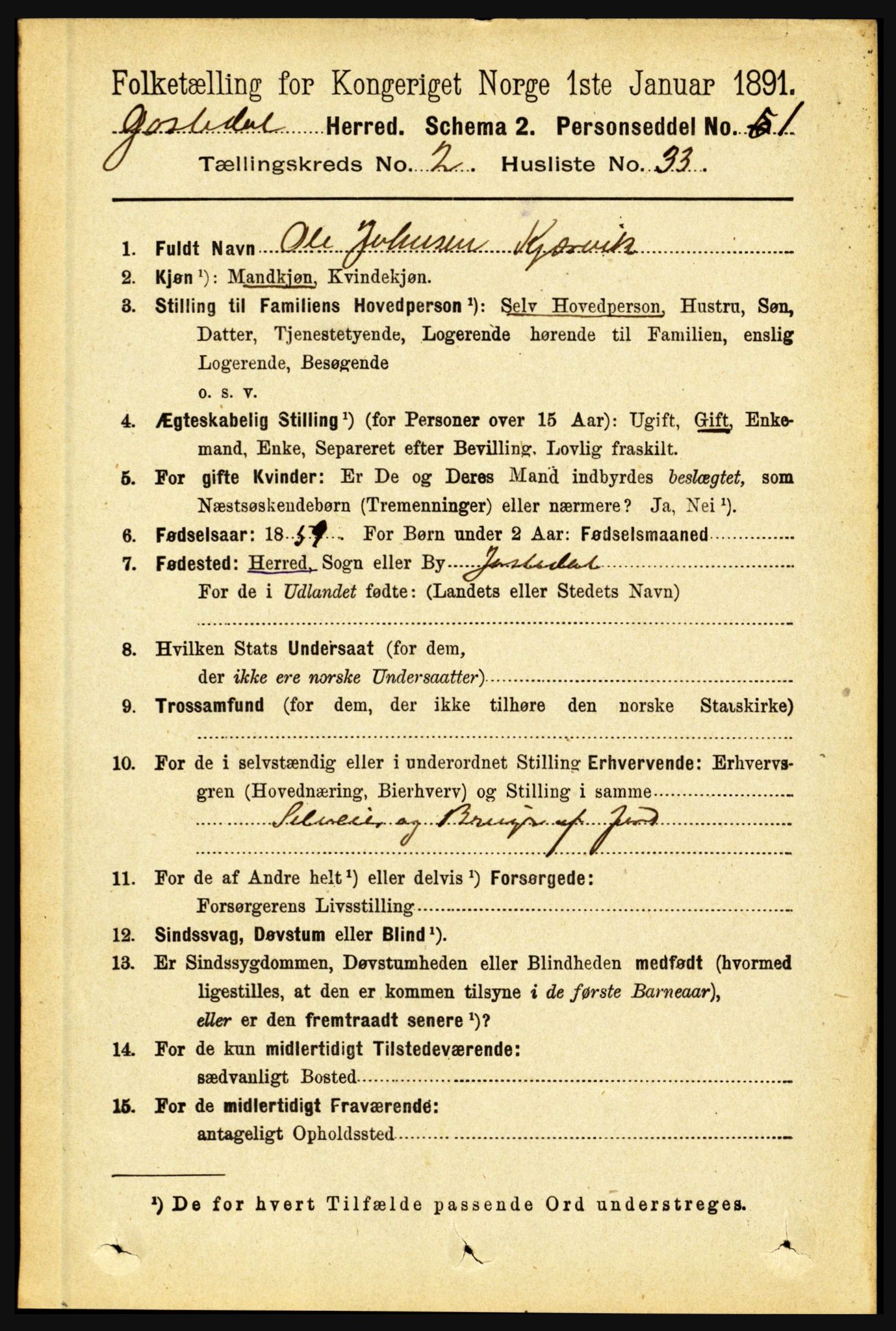 RA, 1891 census for 1427 Jostedal, 1891, p. 752