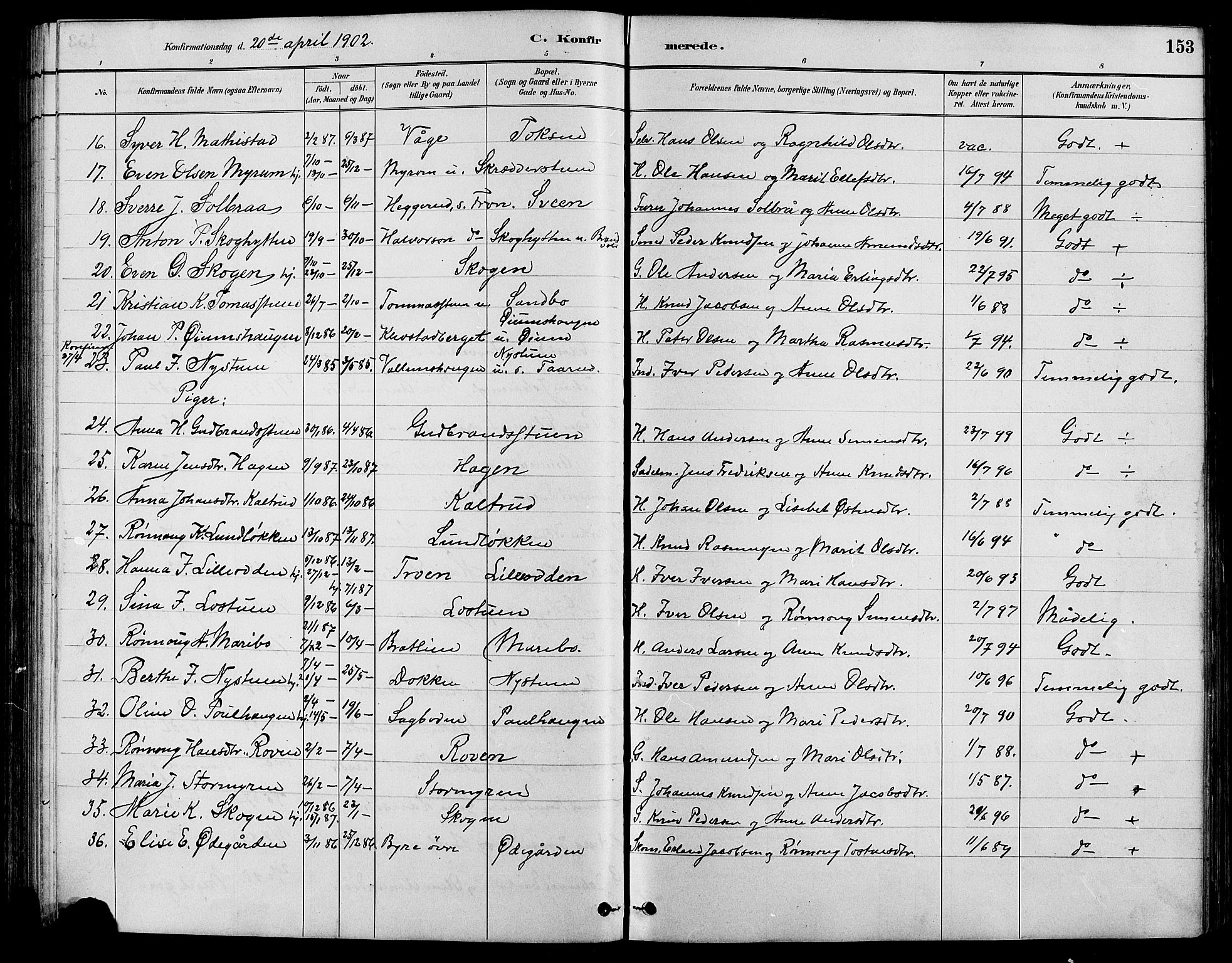 Nord-Fron prestekontor, SAH/PREST-080/H/Ha/Hab/L0004: Parish register (copy) no. 4, 1884-1914, p. 153