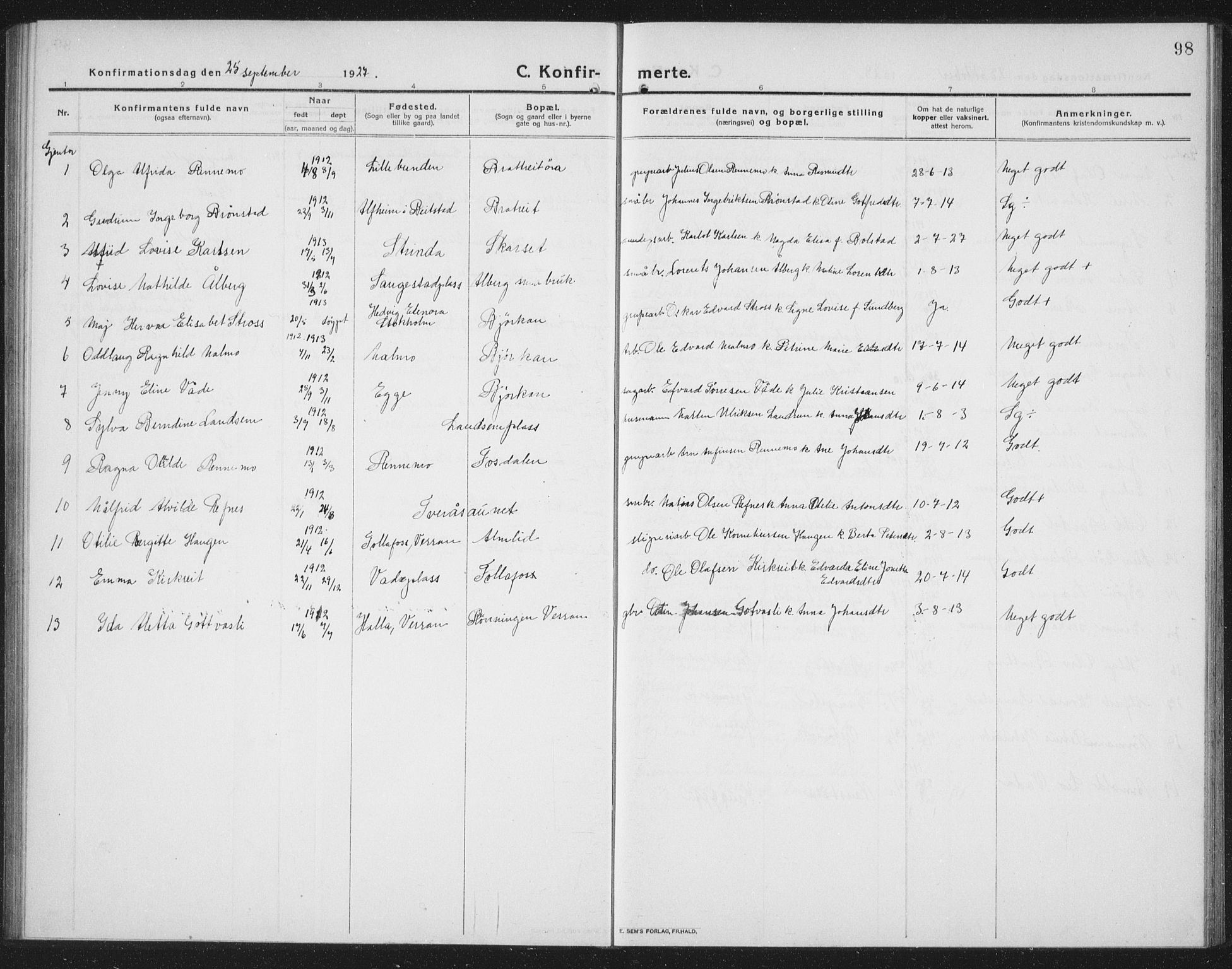 Ministerialprotokoller, klokkerbøker og fødselsregistre - Nord-Trøndelag, SAT/A-1458/745/L0434: Parish register (copy) no. 745C03, 1914-1937, p. 98