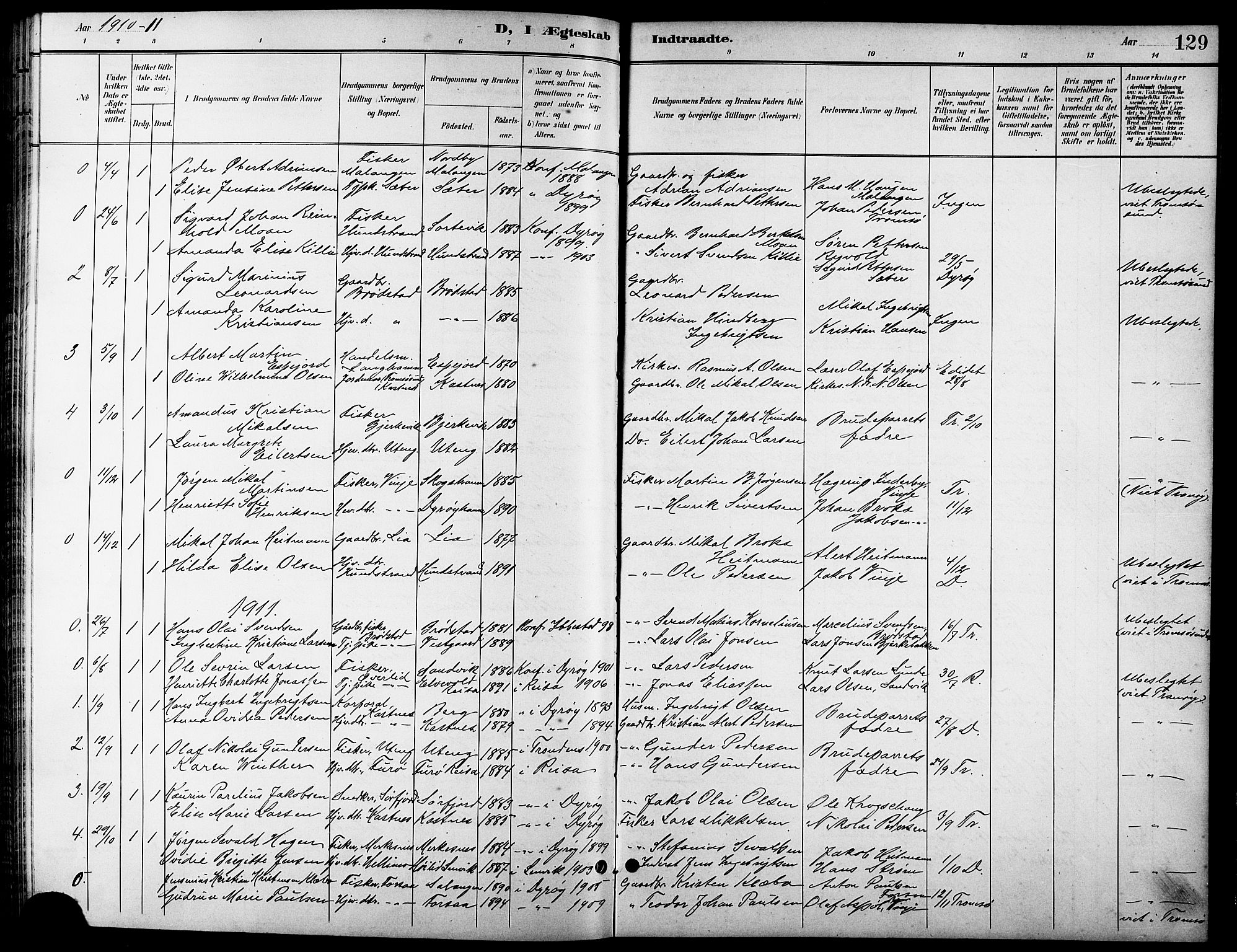 Tranøy sokneprestkontor, SATØ/S-1313/I/Ia/Iab/L0014klokker: Parish register (copy) no. 14, 1896-1918, p. 129