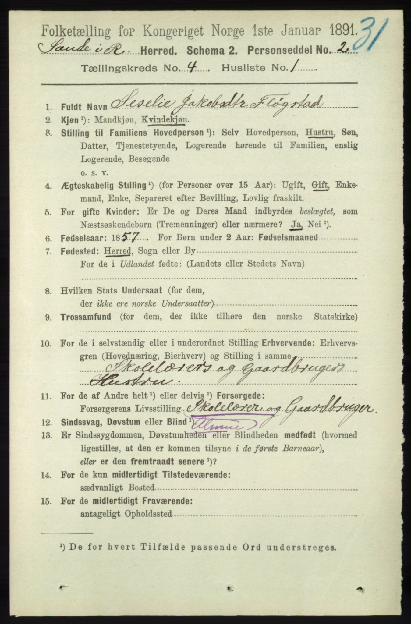RA, 1891 census for 1135 Sauda, 1891, p. 1821