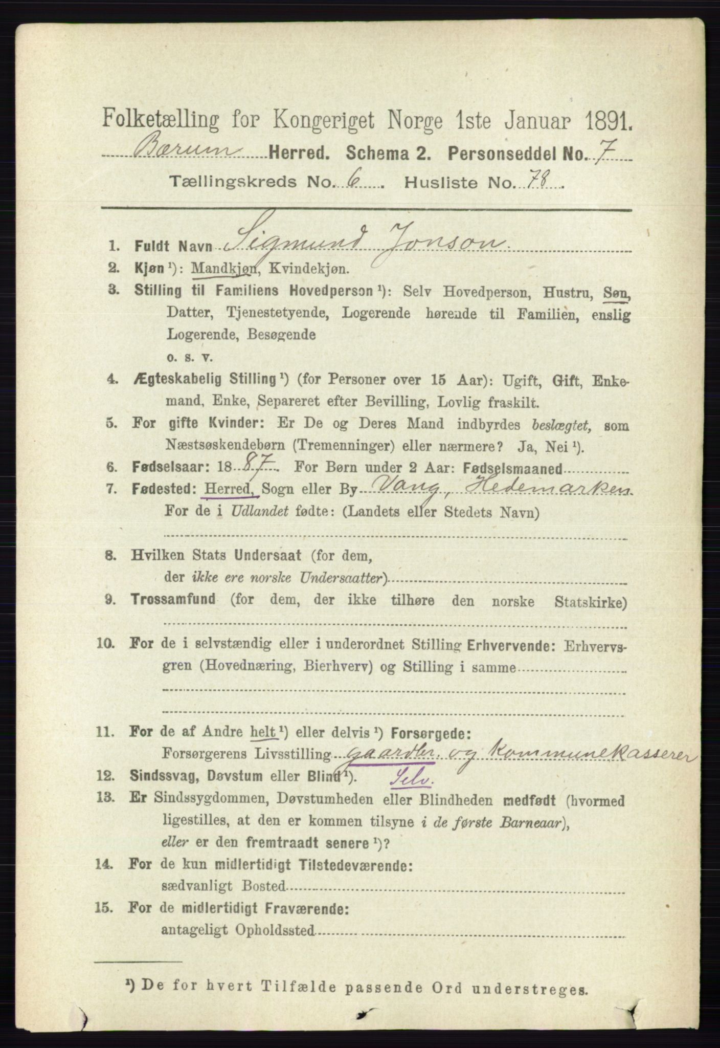 RA, 1891 census for 0219 Bærum, 1891, p. 4030