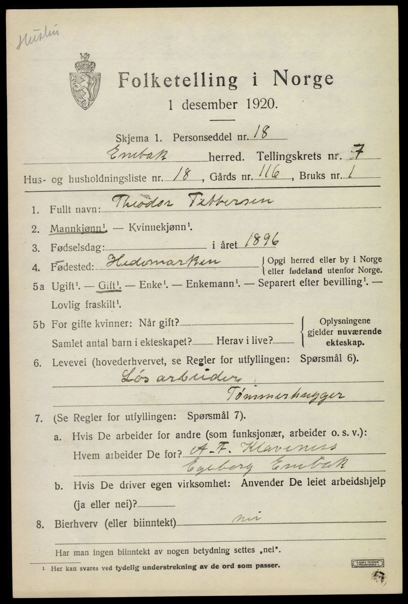 SAO, 1920 census for Enebakk, 1920, p. 6319