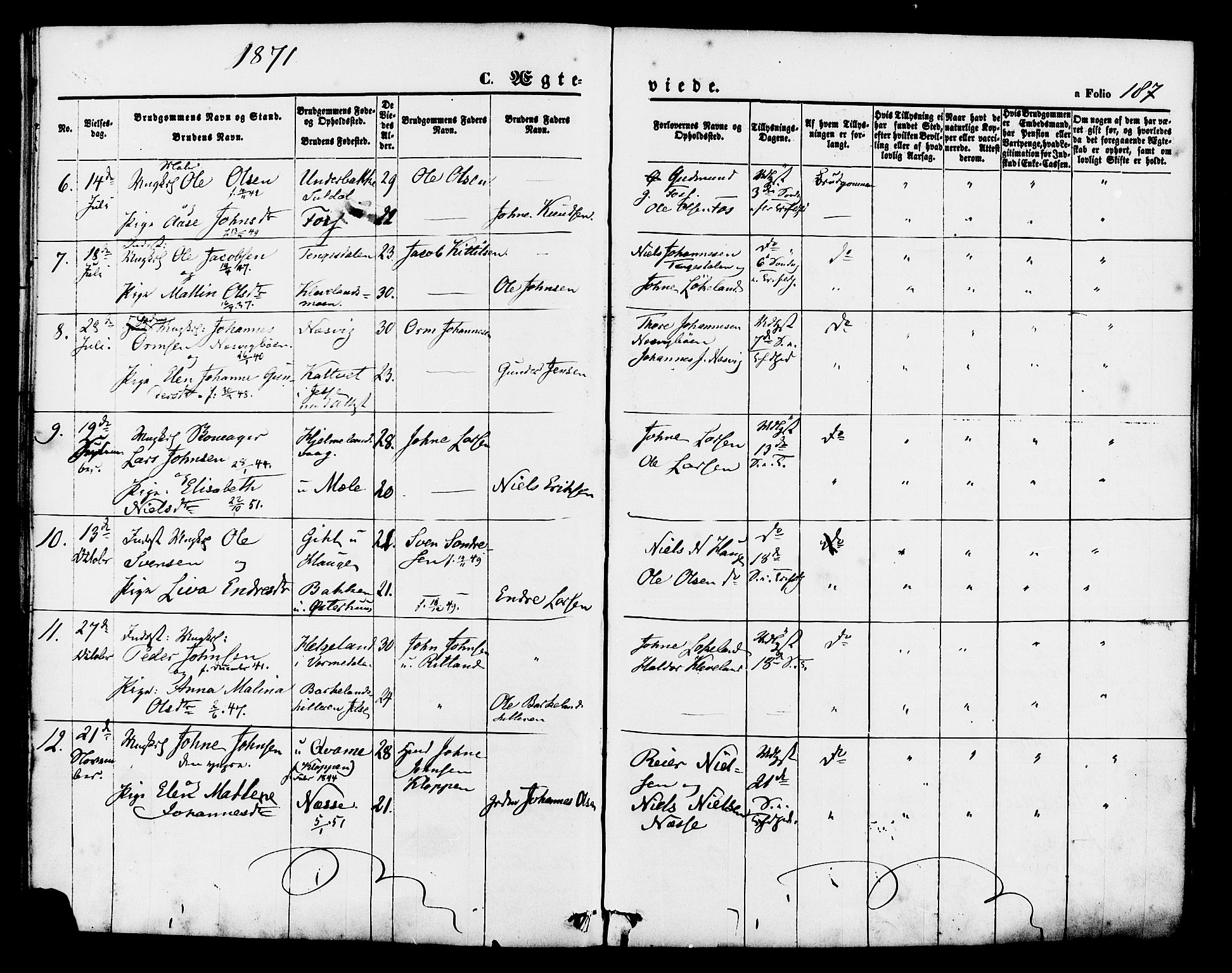 Hjelmeland sokneprestkontor, AV/SAST-A-101843/01/IV/L0011: Parish register (official) no. A 11, 1861-1878, p. 187