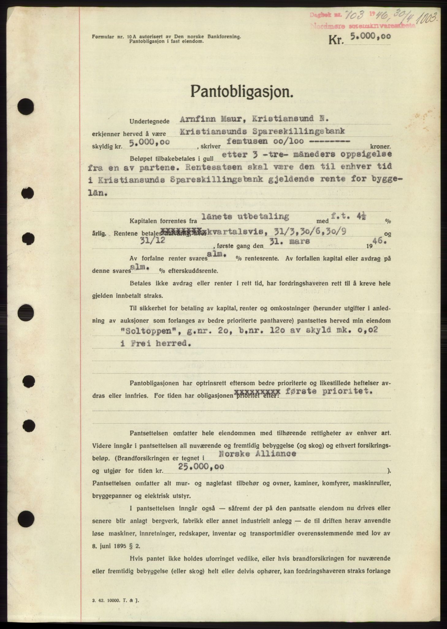 Nordmøre sorenskriveri, AV/SAT-A-4132/1/2/2Ca: Mortgage book no. B93b, 1946-1946, Diary no: : 703/1946