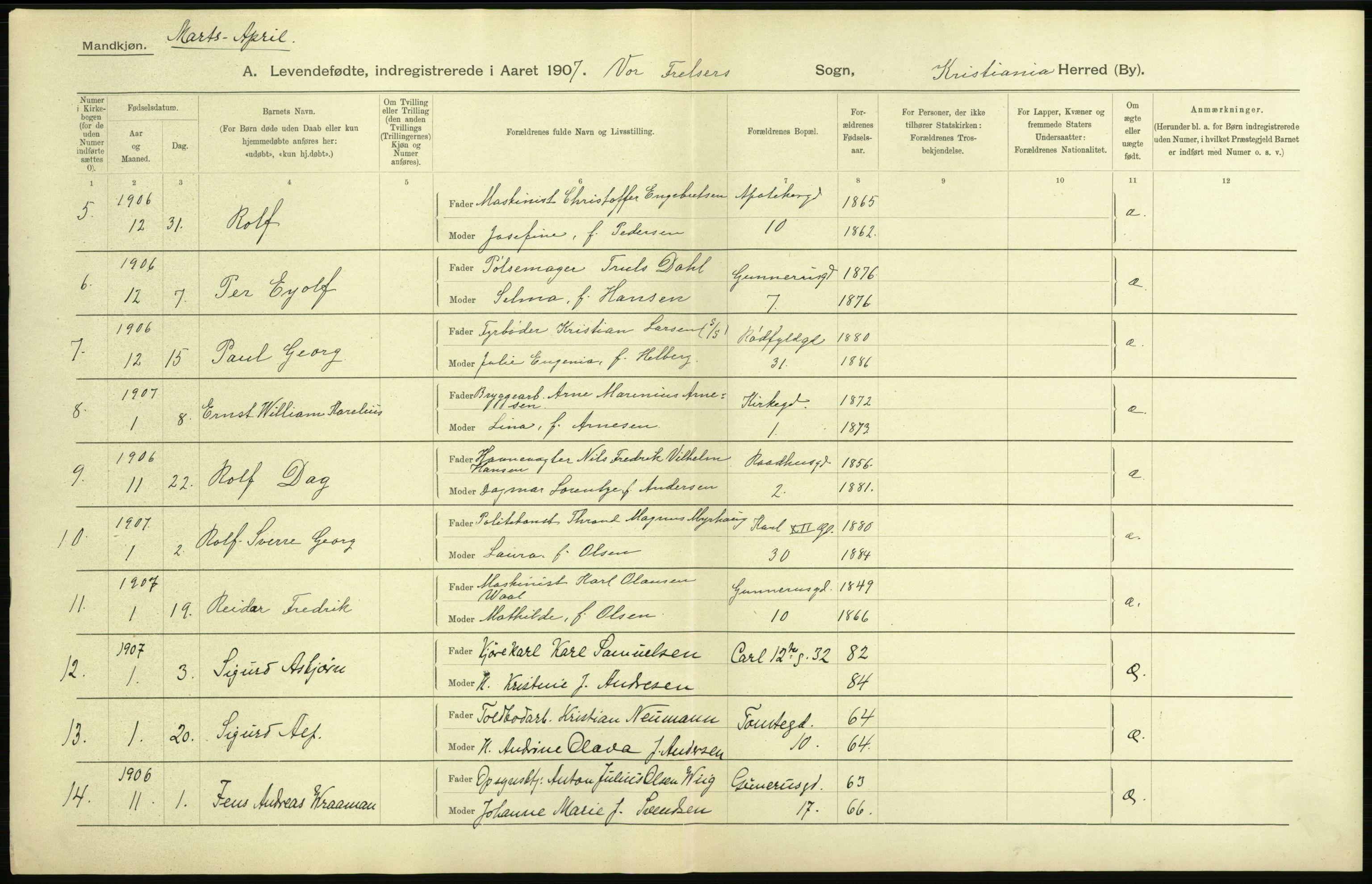 Statistisk sentralbyrå, Sosiodemografiske emner, Befolkning, AV/RA-S-2228/D/Df/Dfa/Dfae/L0006: Kristiania: Levendefødte menn og kvinner., 1907, p. 16