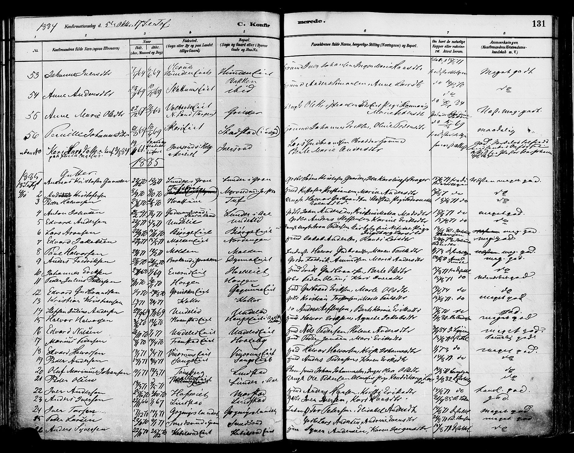 Gran prestekontor, SAH/PREST-112/H/Ha/Haa/L0014: Parish register (official) no. 14, 1880-1889, p. 131