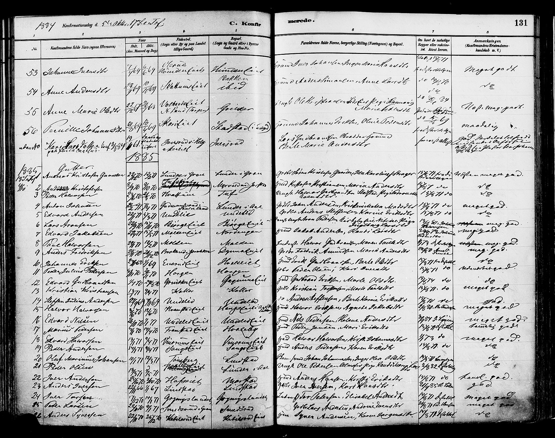 Gran prestekontor, AV/SAH-PREST-112/H/Ha/Haa/L0014: Parish register (official) no. 14, 1880-1889, p. 131