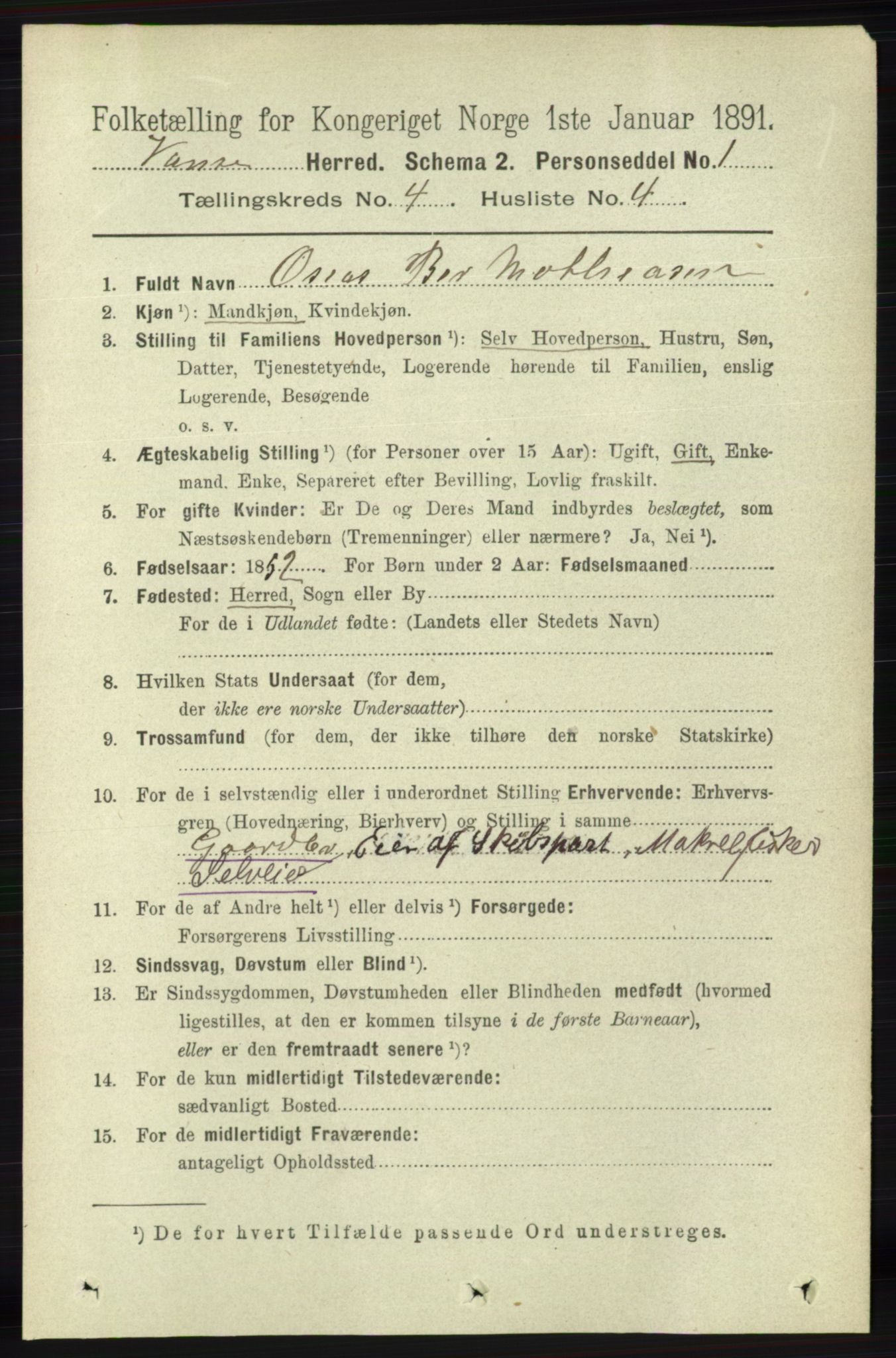 RA, 1891 census for 1041 Vanse, 1891, p. 2154