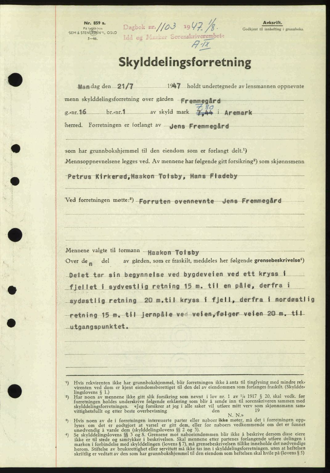 Idd og Marker sorenskriveri, SAO/A-10283/G/Gb/Gbb/L0009: Mortgage book no. A9, 1946-1947, Diary no: : 1103/1947