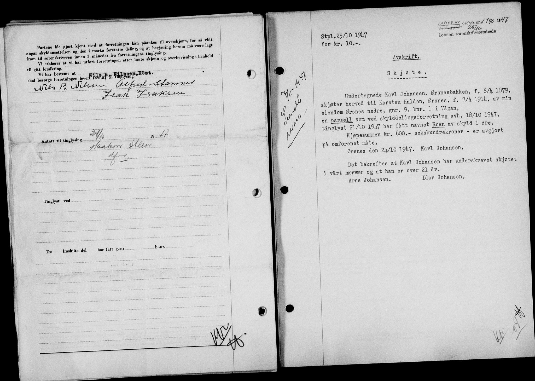 Lofoten sorenskriveri, SAT/A-0017/1/2/2C/L0017a: Mortgage book no. 17a, 1947-1948, Diary no: : 1790/1947