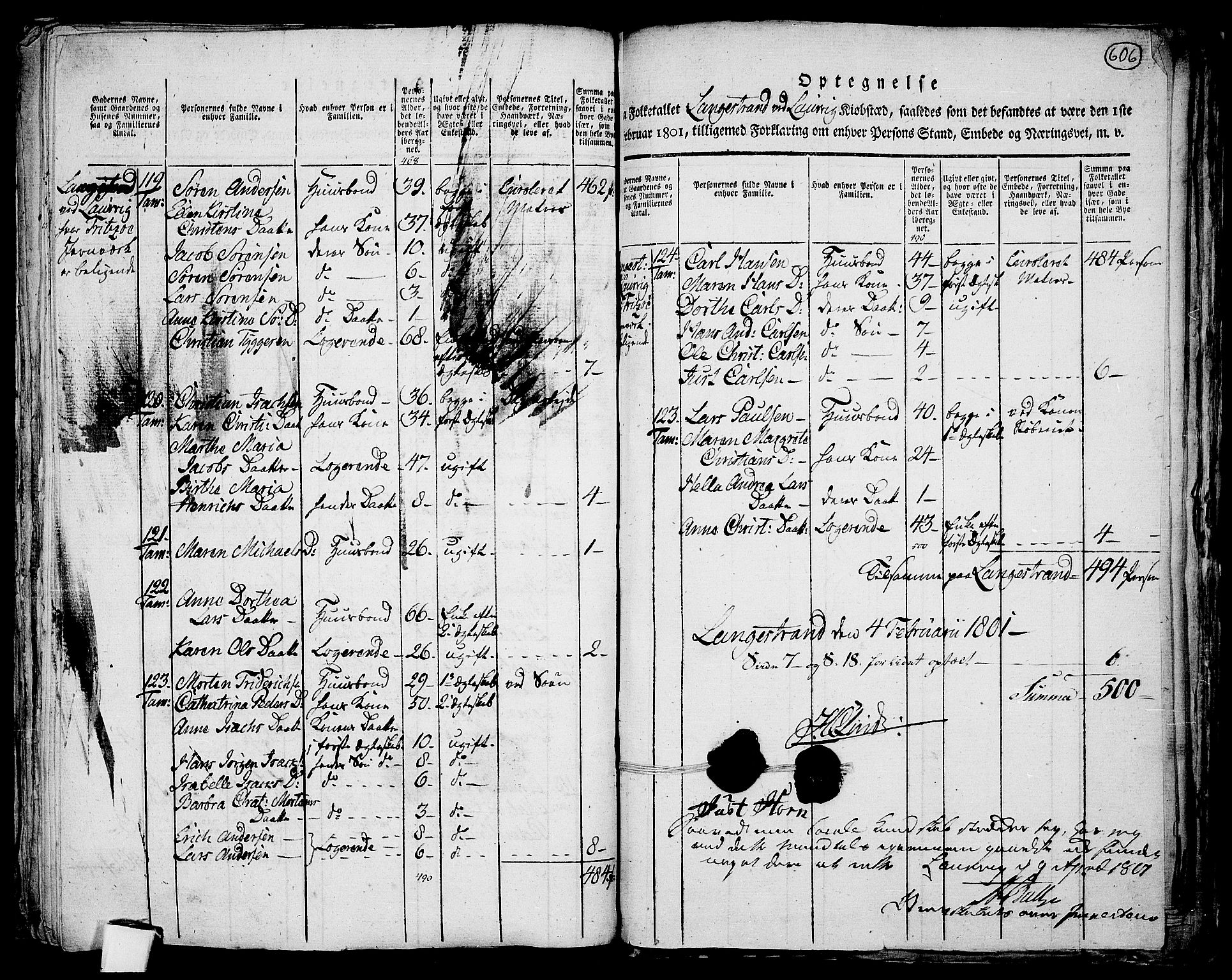 RA, 1801 census for 0707P Larvik, 1801, p. 605b-606a