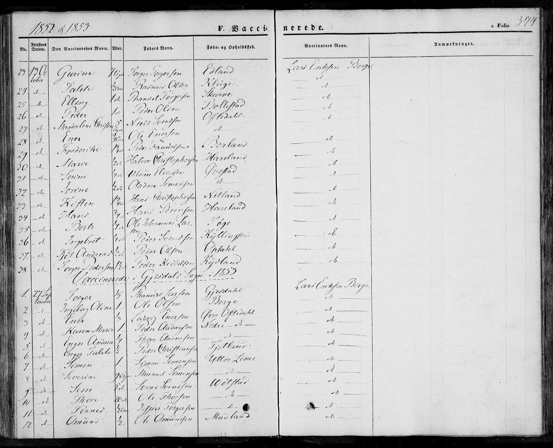 Lye sokneprestkontor, SAST/A-101794/001/30BA/L0006: Parish register (official) no. A 5.2, 1842-1855, p. 374