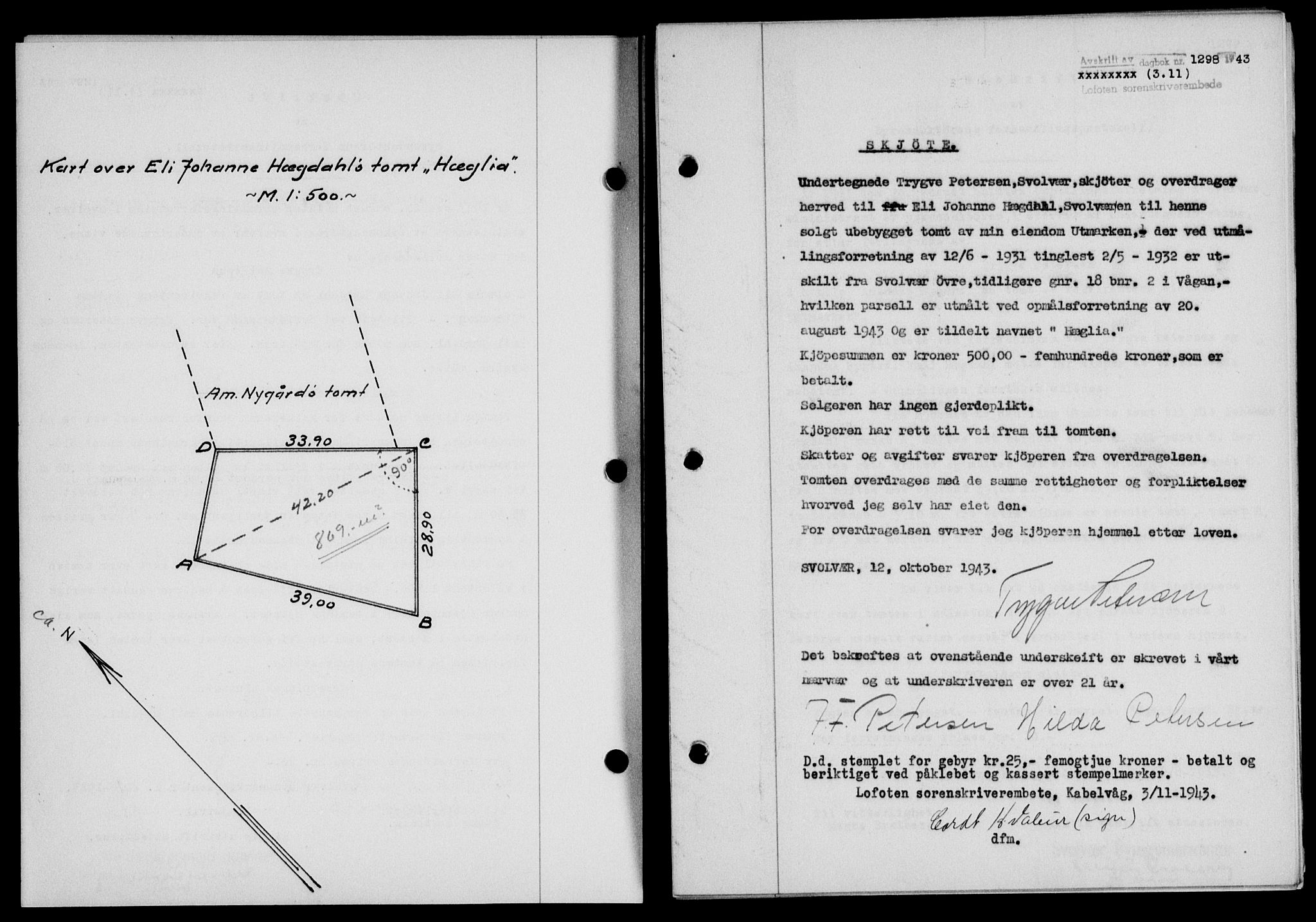 Lofoten sorenskriveri, SAT/A-0017/1/2/2C/L0011a: Mortgage book no. 11a, 1943-1943, Diary no: : 1298/1943