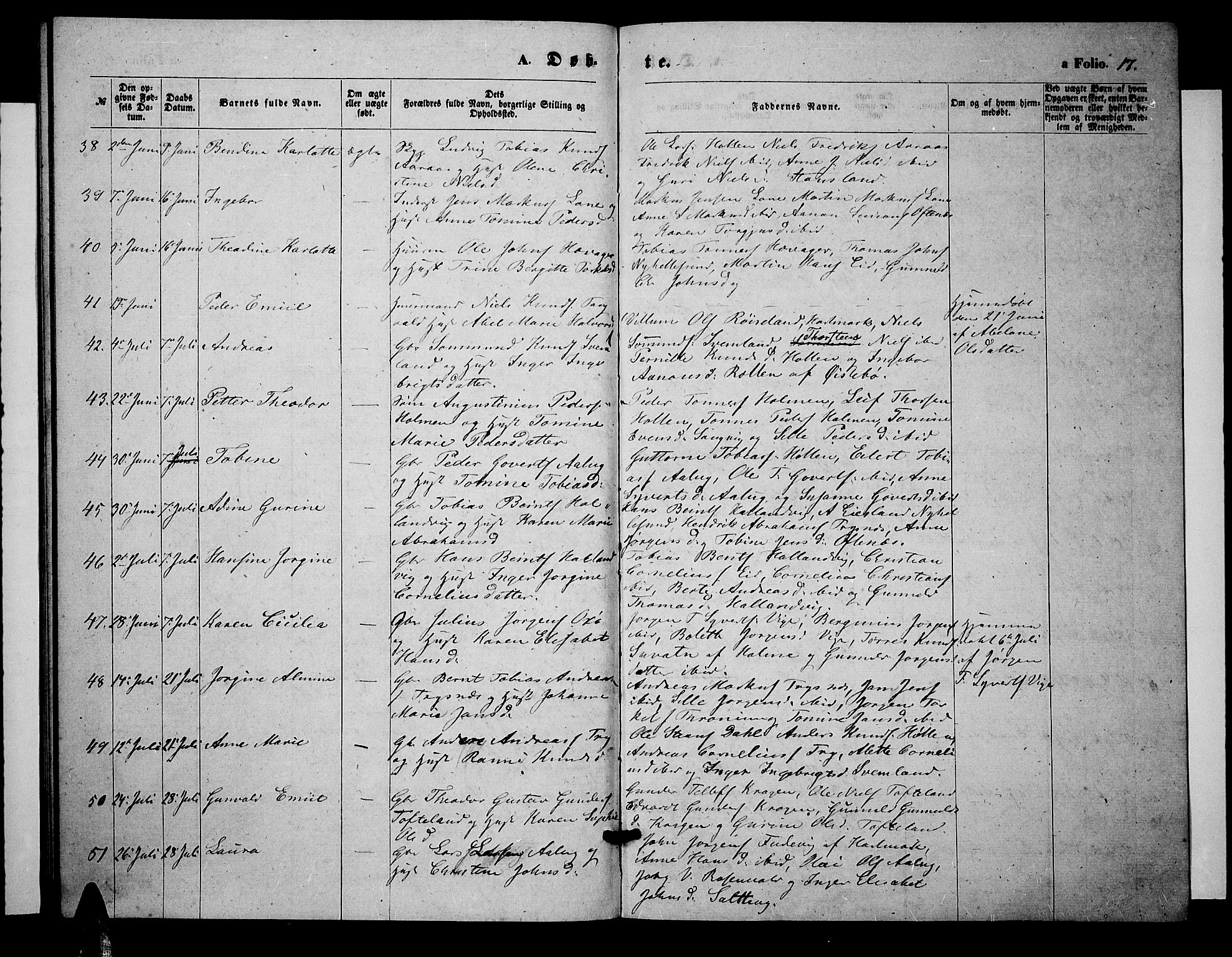 Søgne sokneprestkontor, SAK/1111-0037/F/Fb/Fbb/L0004: Parish register (copy) no. B 4, 1864-1883, p. 17