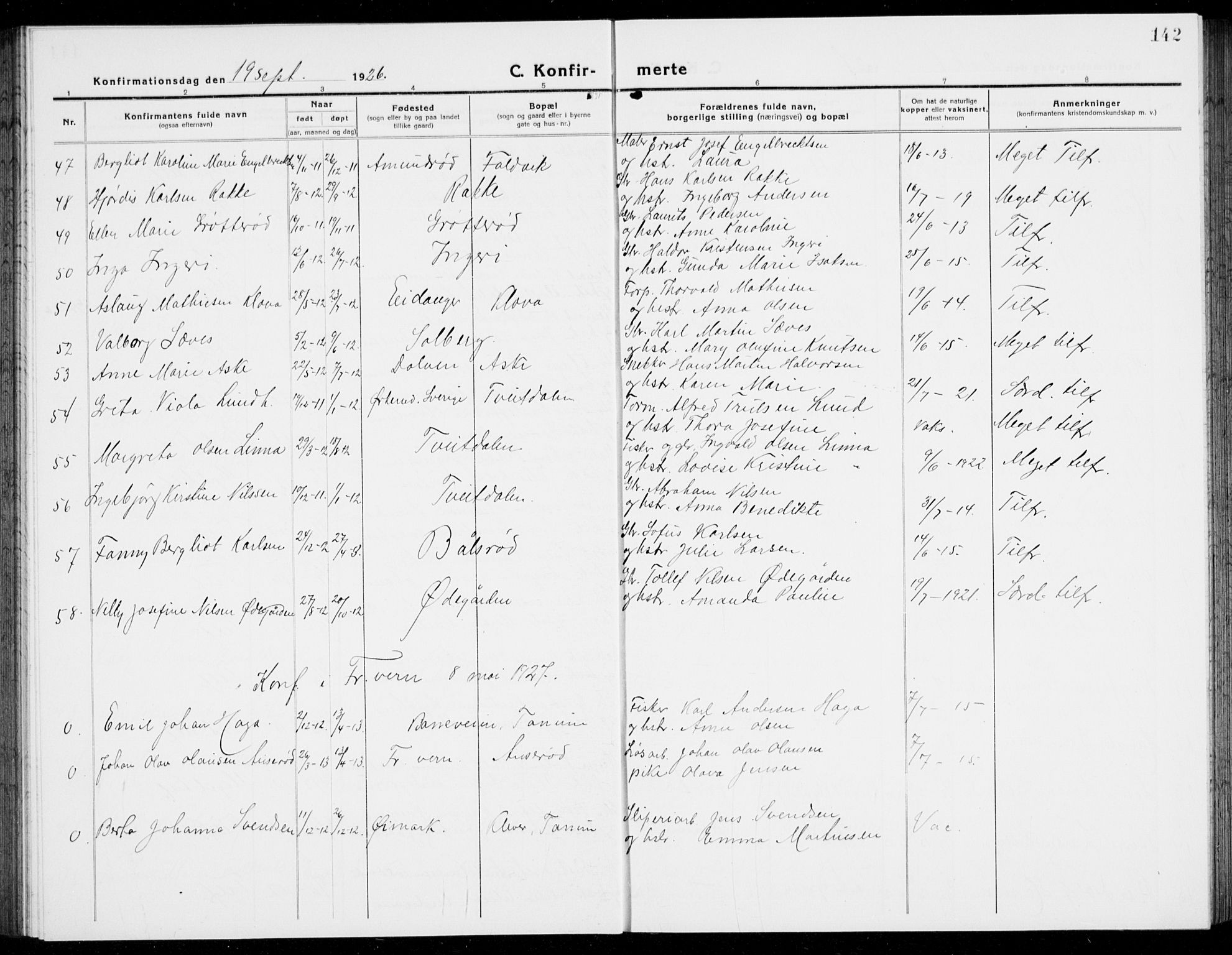 Brunlanes kirkebøker, SAKO/A-342/G/Ga/L0005: Parish register (copy) no. I 5, 1918-1941, p. 142