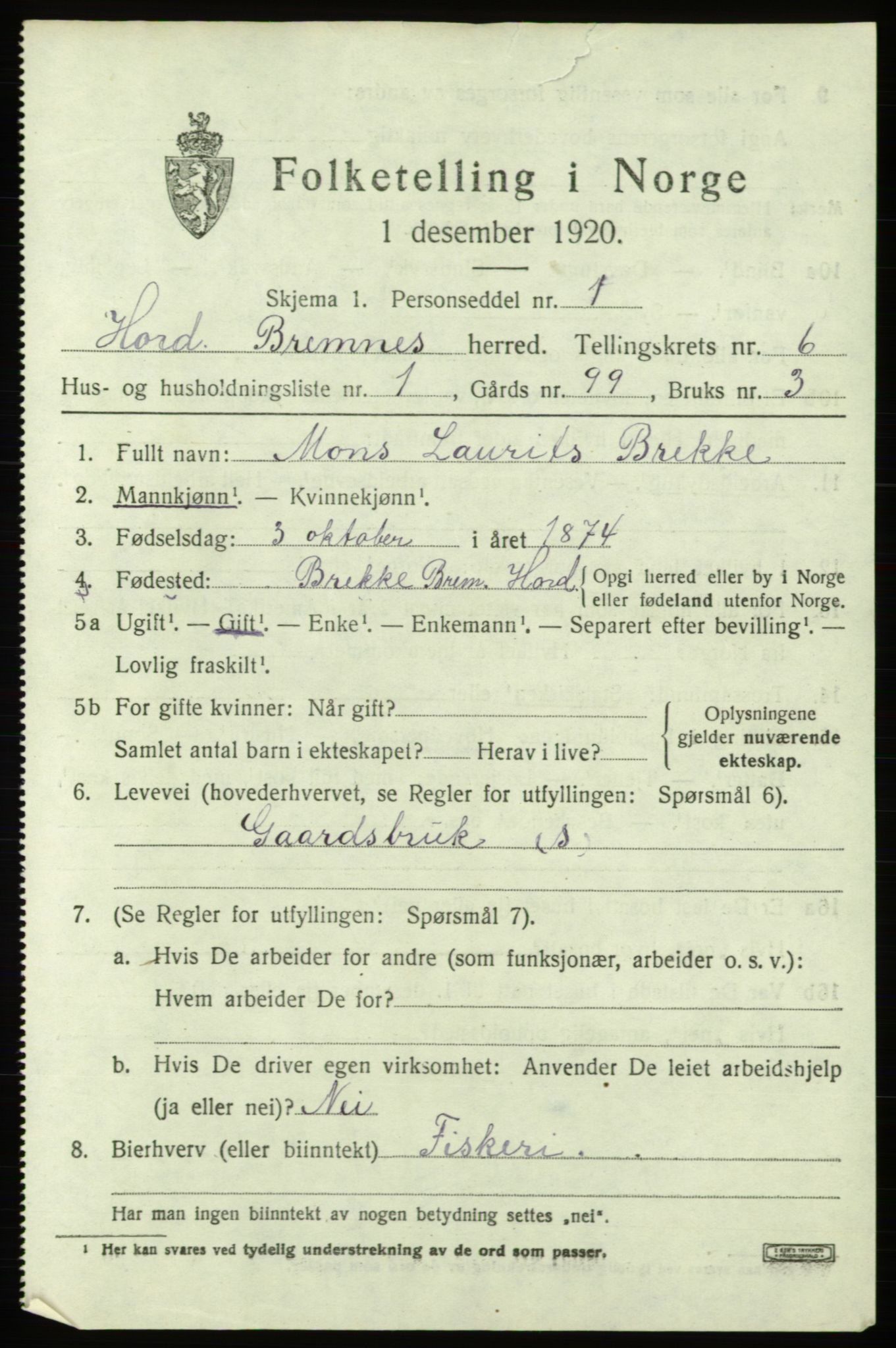 SAB, 1920 census for Bremnes, 1920, p. 3258
